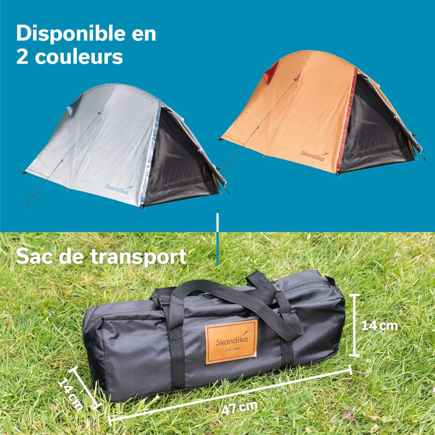 Zwei Zelte in Grau und Orange, daneben ein schwarzer Transportbeutel mit Maßangaben, auf grünem Gras platziert.