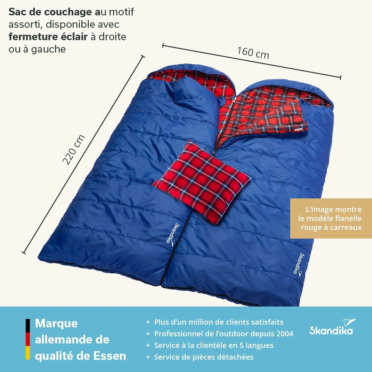 Blauer Schlafsack mit kariertem Innenfutter in Rot, Maßen 220 cm x 160 cm, inklusive kariertem Kissen.