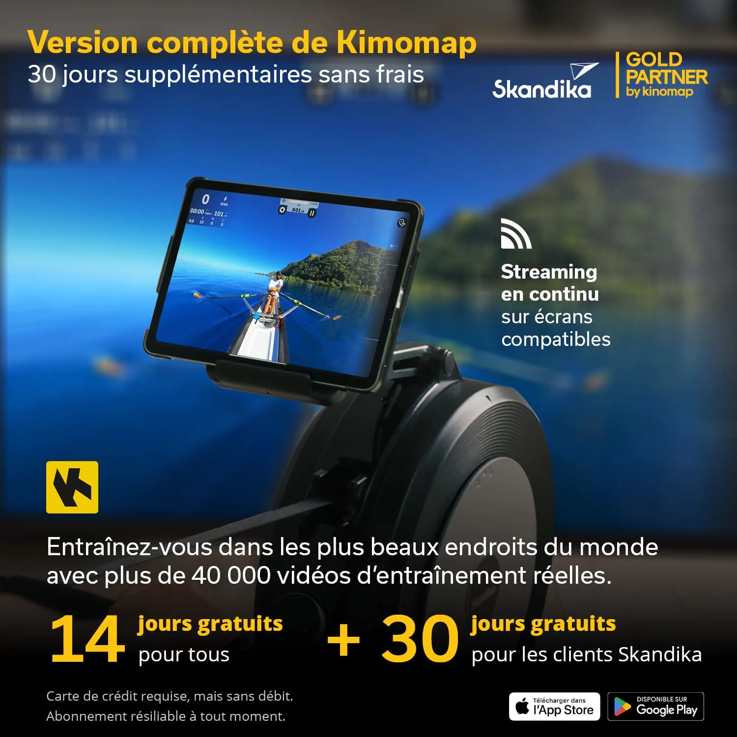 Tablet auf einem Rudergerät, zeigt eine Landschaft mit Ruderer. Text hebt die Kimomap-Version und kostenlose Testtage hervor.