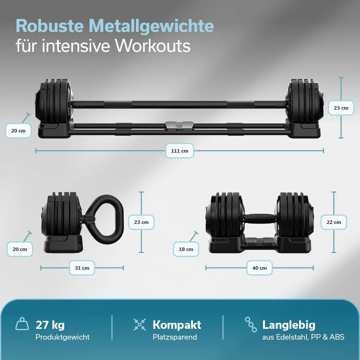Robuste Hanteln und Gewichte in Schwarz, Maße und Produktmerkmale sind angegeben, darunter Gewicht und Materialien.
