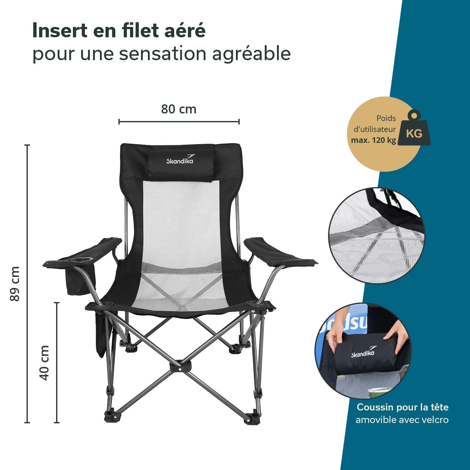 Schwarz geflochtener Campingstuhl mit abnehmbaren Kopfkissen, Maße und Design-Elemente aufgetragen.