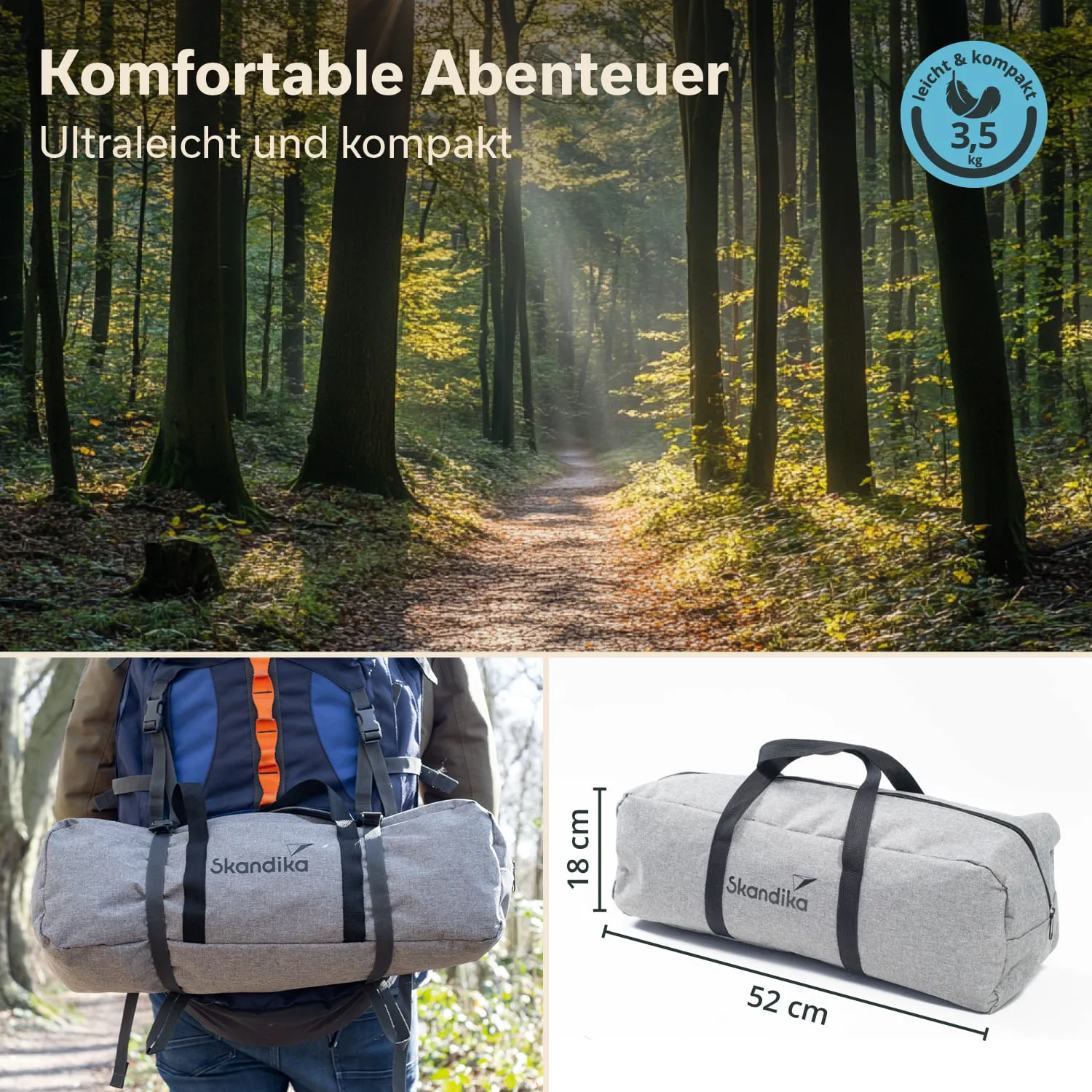 Ultraleichte, kompakte Tasche in grau mit zwei Griffen. Im Hintergrund ein Waldweg mit Sonnenstrahlen. Maße sichtbar.