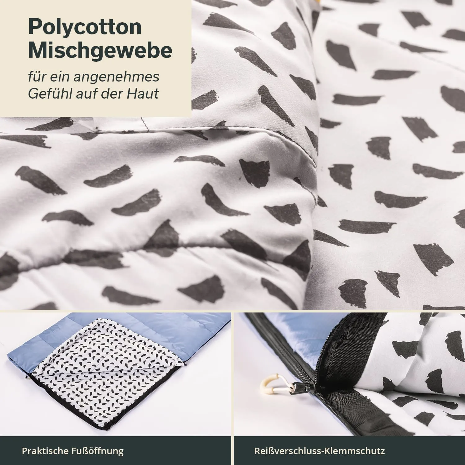 Polycotton-Mischgewebe mit schwarz-weißer Musterung und einem Reißverschluss. Detailansicht einer praktischen Fußöffnung.