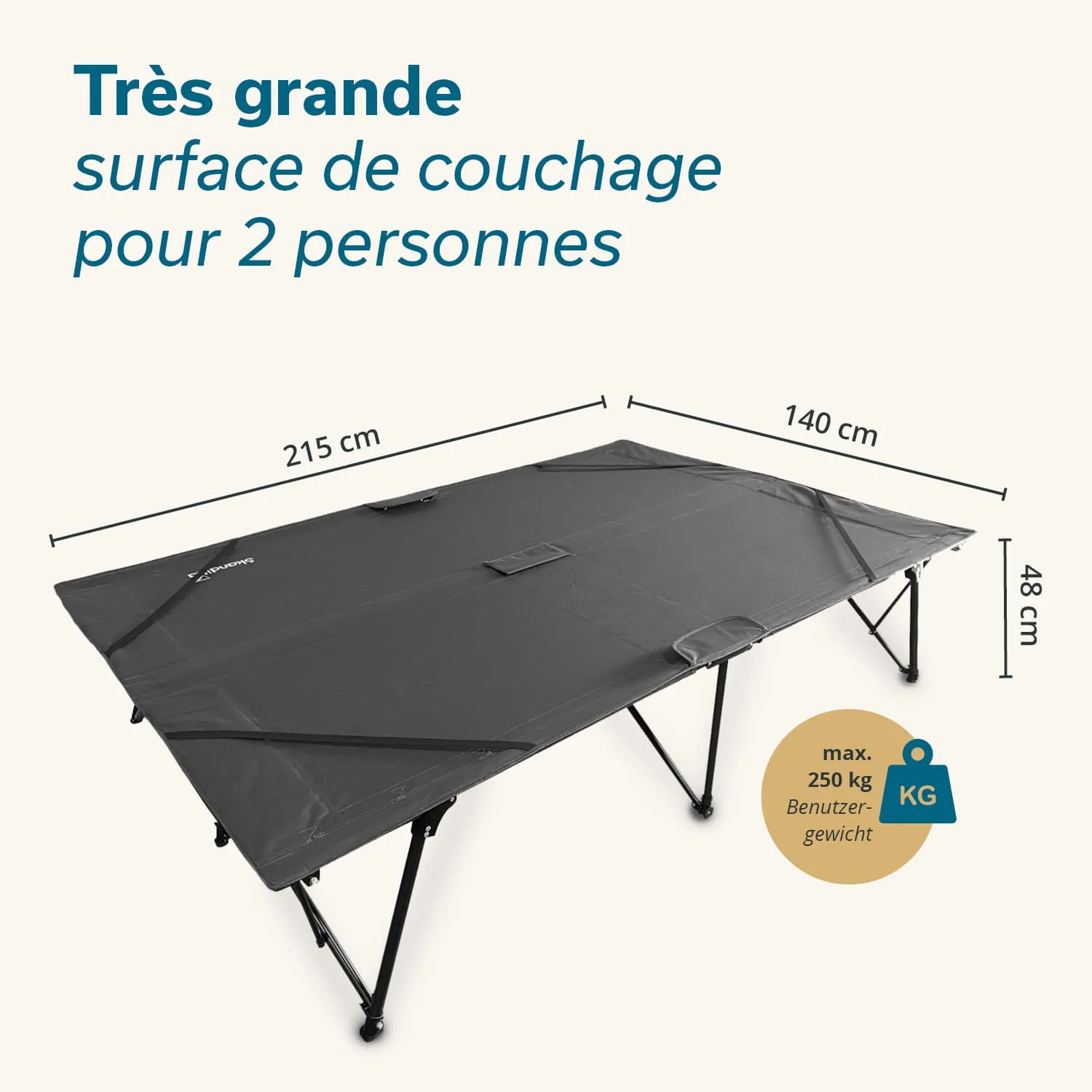 Klappbett mit Maßen von 215 cm x 140 cm x 48 cm, für 2 Personen, maximale Tragfähigkeit 250 kg.