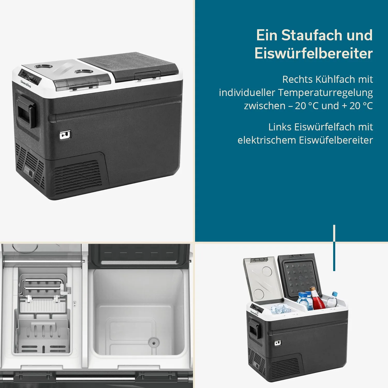 Kühlbox mit verschiedenen Fächern. Rechts für Kühlung mit Temperaturreglung, links für Eiswürfelbereiter.