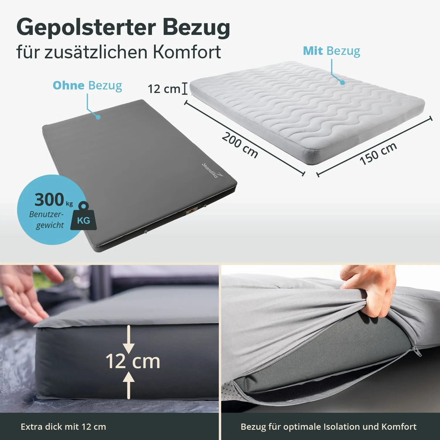 Matte mit gepolsterter Oberfläche, Abmessungen 200 x 150 cm, 12 cm dick, und Detailansicht vom Bezug.