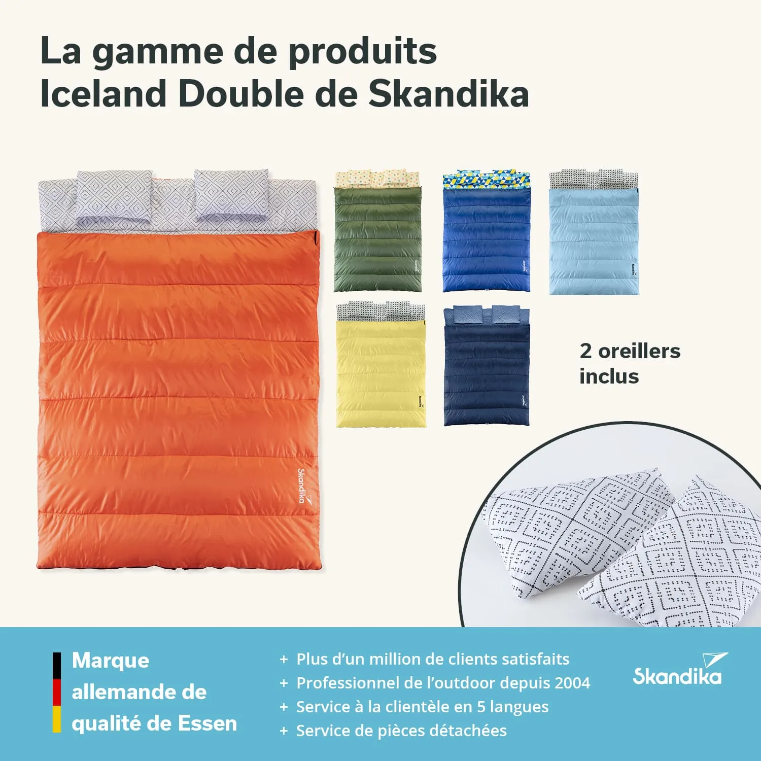 Diverse Schlafsäcke in verschiedenen Farben und Designs, darunter orange, grün und blau, angeordnet. Zwei Kissen sind ebenfalls abgebildet.