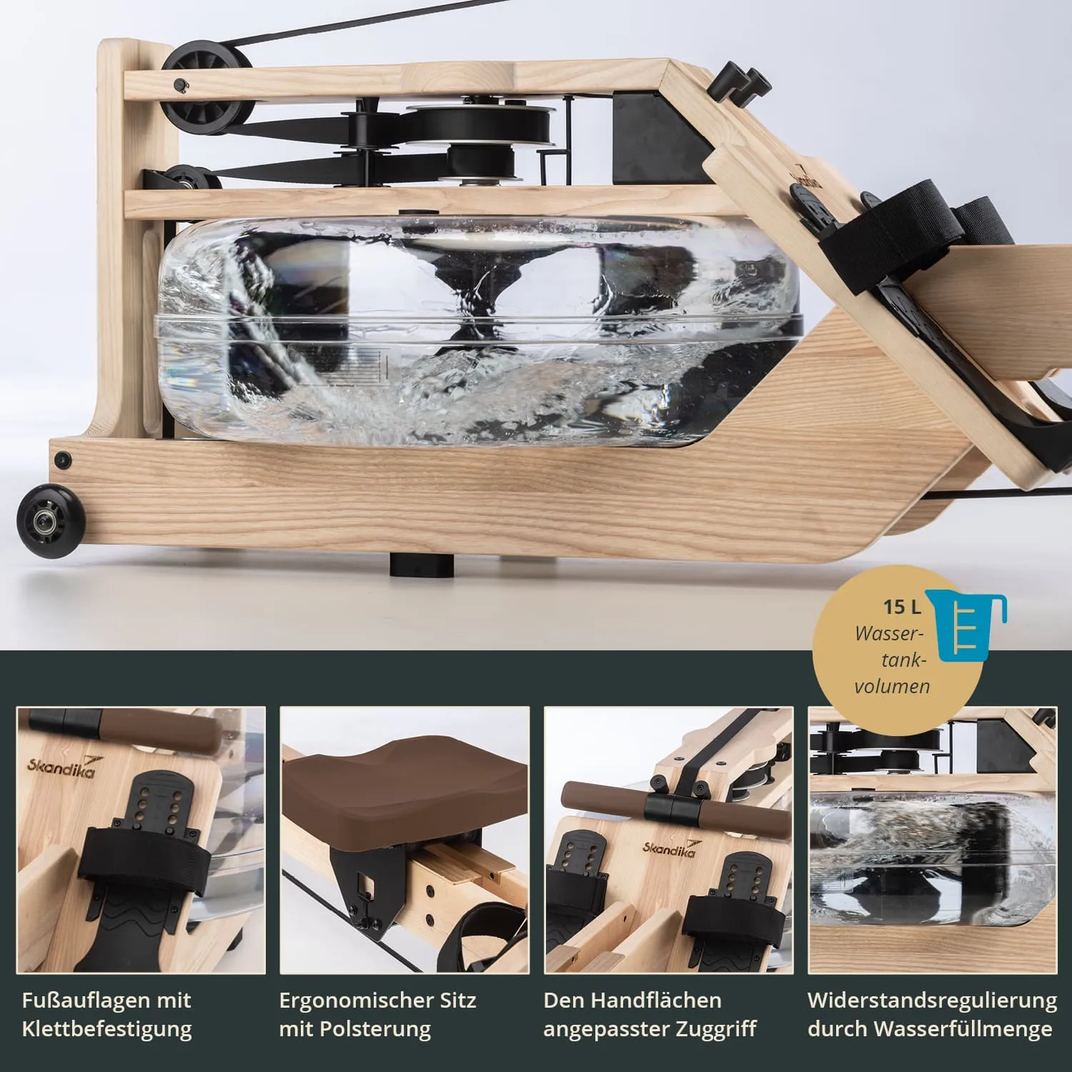 Rudergerät aus Holz mit Wasserbehälter, ergonomischem Sitz, Fußauflagen und Widerstandsregulierung. Wasserfüllung sichtbar.