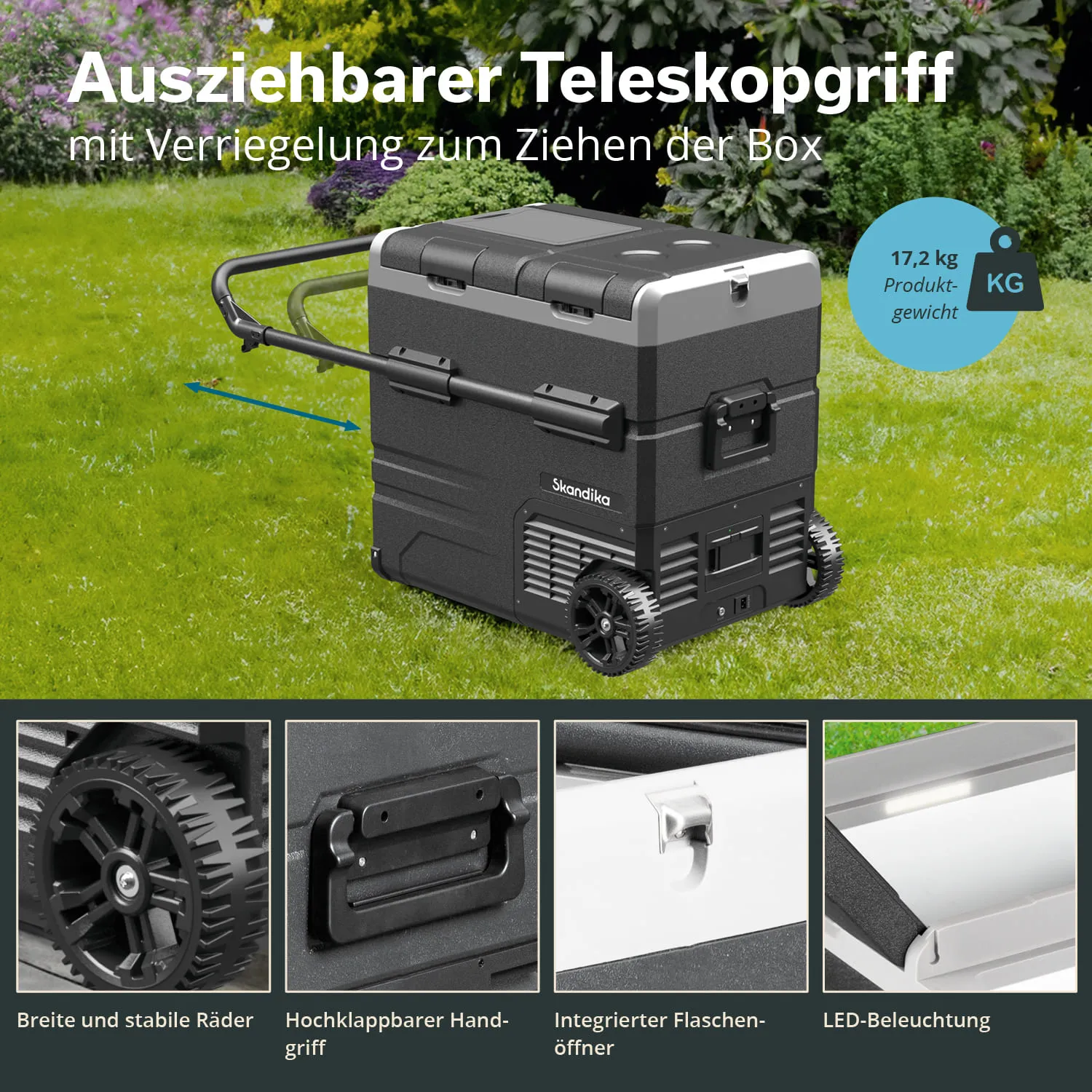 Graue Kühlbox mit ausziehbarem Teleskopgriff und großen Rädern auf Gras. Informationen über Funktionen sind abgebildet.