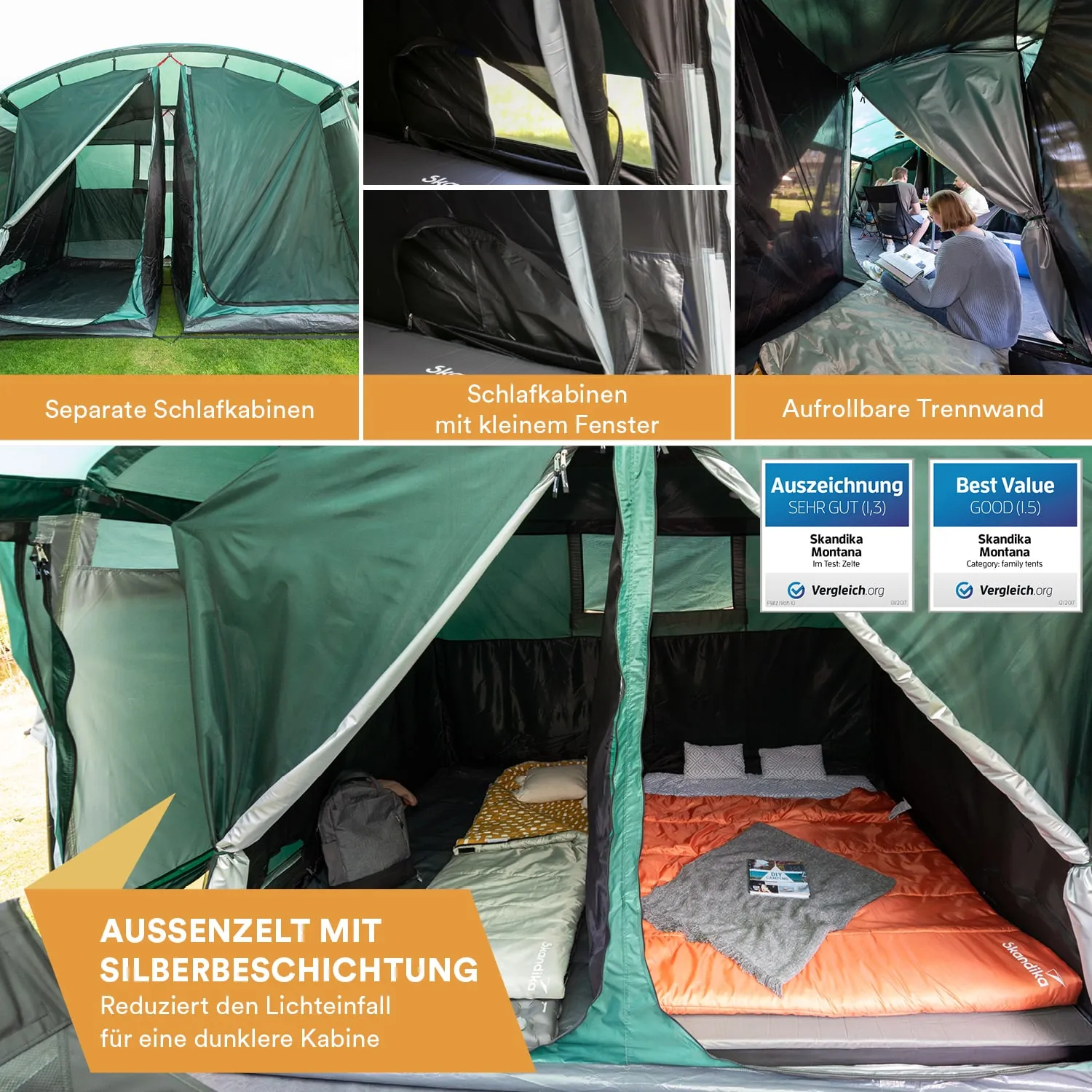 Aussenzelt mit zwei separaten Schlafkabinen, jeweils mit einem kleinen Fenster. In einer Kabine liegen Matratzen und Decken.
