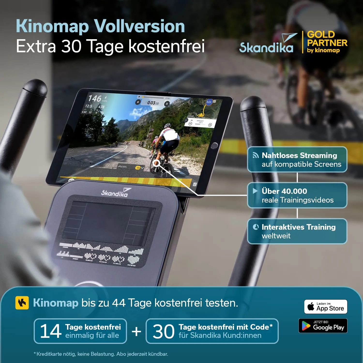 Tablet auf einem Fitnessgerät zeigt eine Trainingsoberfläche mit Landschaft und Radfahrern. Text über Angebote und Funktionen.
