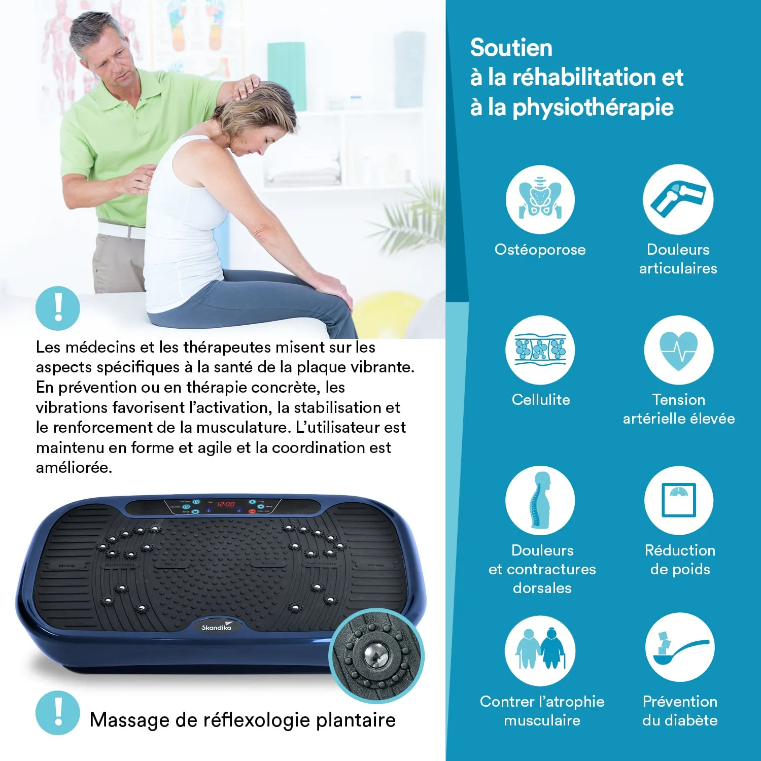 Eine Person erhält eine Behandlung von einer anderen Person, während sie auf einem Vibrationsgerät sitzt. Das Gerät ist schwarz und blau. Informationen über die Vorteile der Vibrationsplatte sind daneben aufgelistet.
