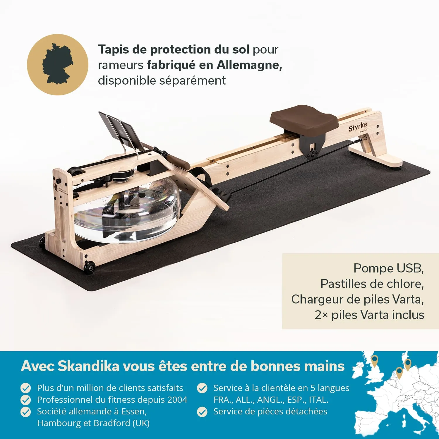 Schutzmatte für Rudergeräte, Holzrahmen mit Wassertank, technische Details und Standortinformationen eingeblendet.