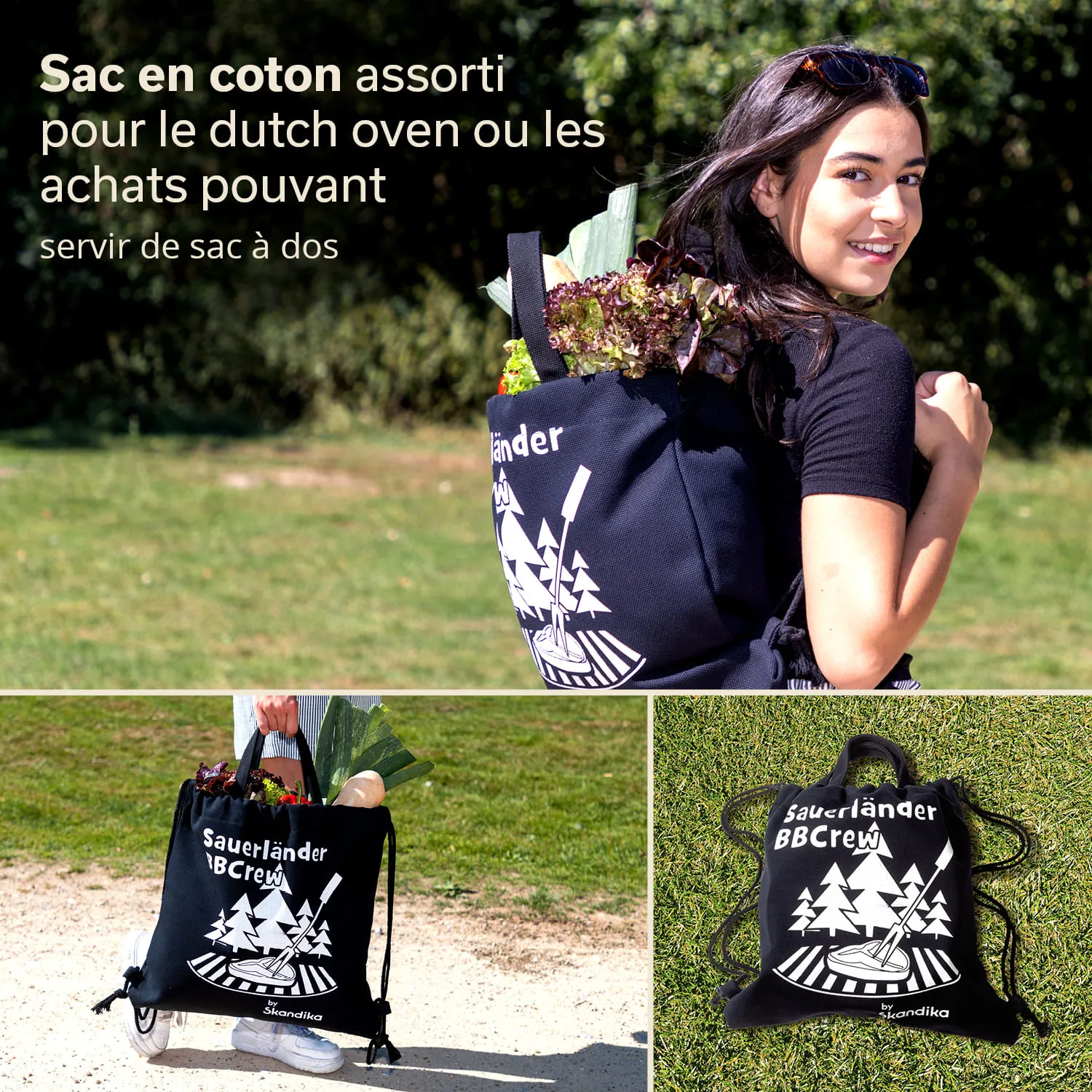 Cottonbag in schwarz mit weißem Grafikdesign, Person trägt ihn und hält Gemüse. Hintergrund mit Rasen und Bäumen.