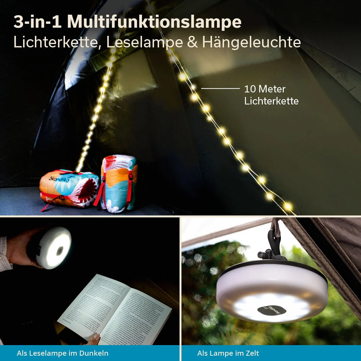 Multifunktionslampe mit Lichterkette, Leselampe und Hängeleuchte. Zwei Schlafsäcke und Beleuchtung in einem Zelt.