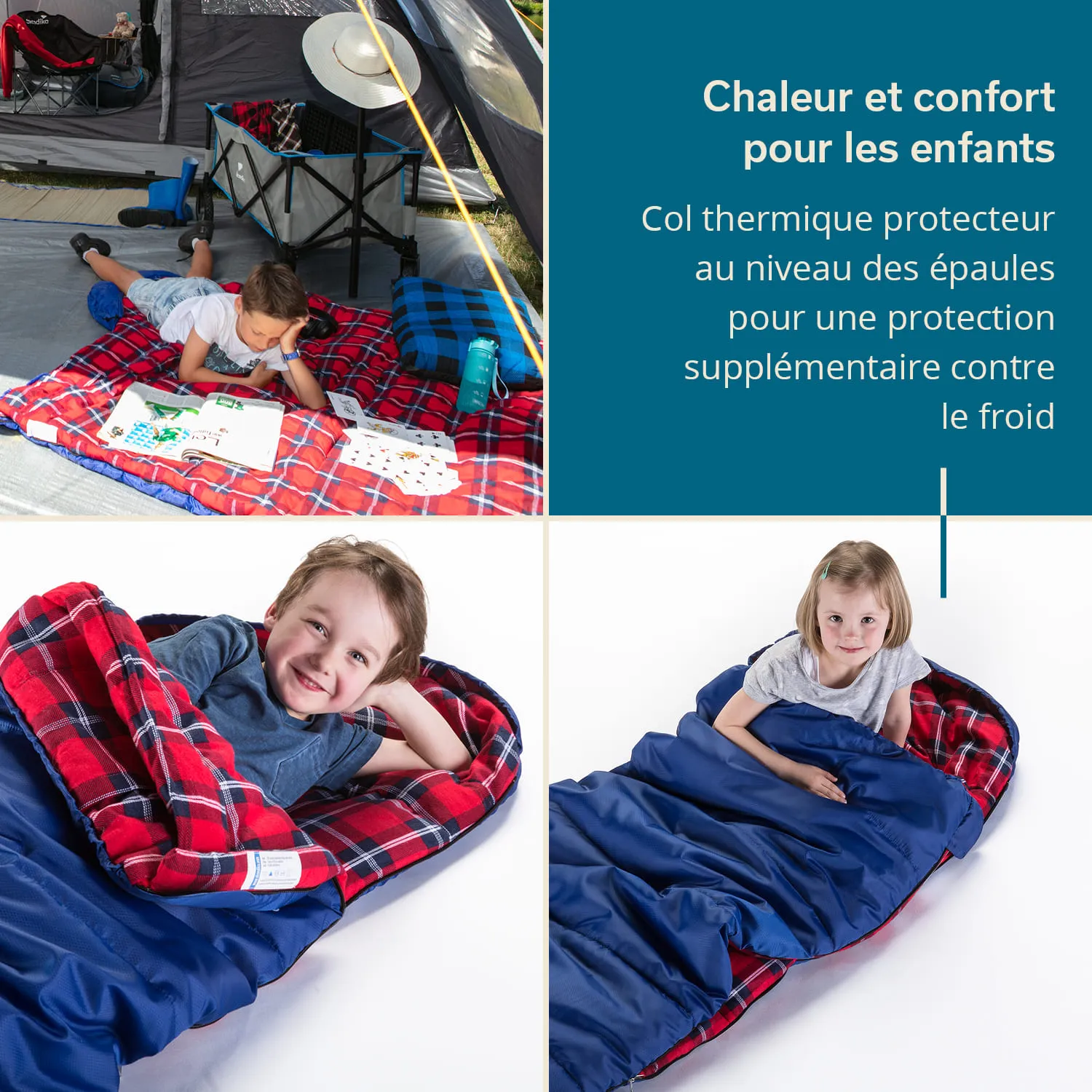 Zwei Kinder in Schlafsäcken, eines liegt auf einer Decke und malt, das andere sitzt lächelnd im Schlafsack.