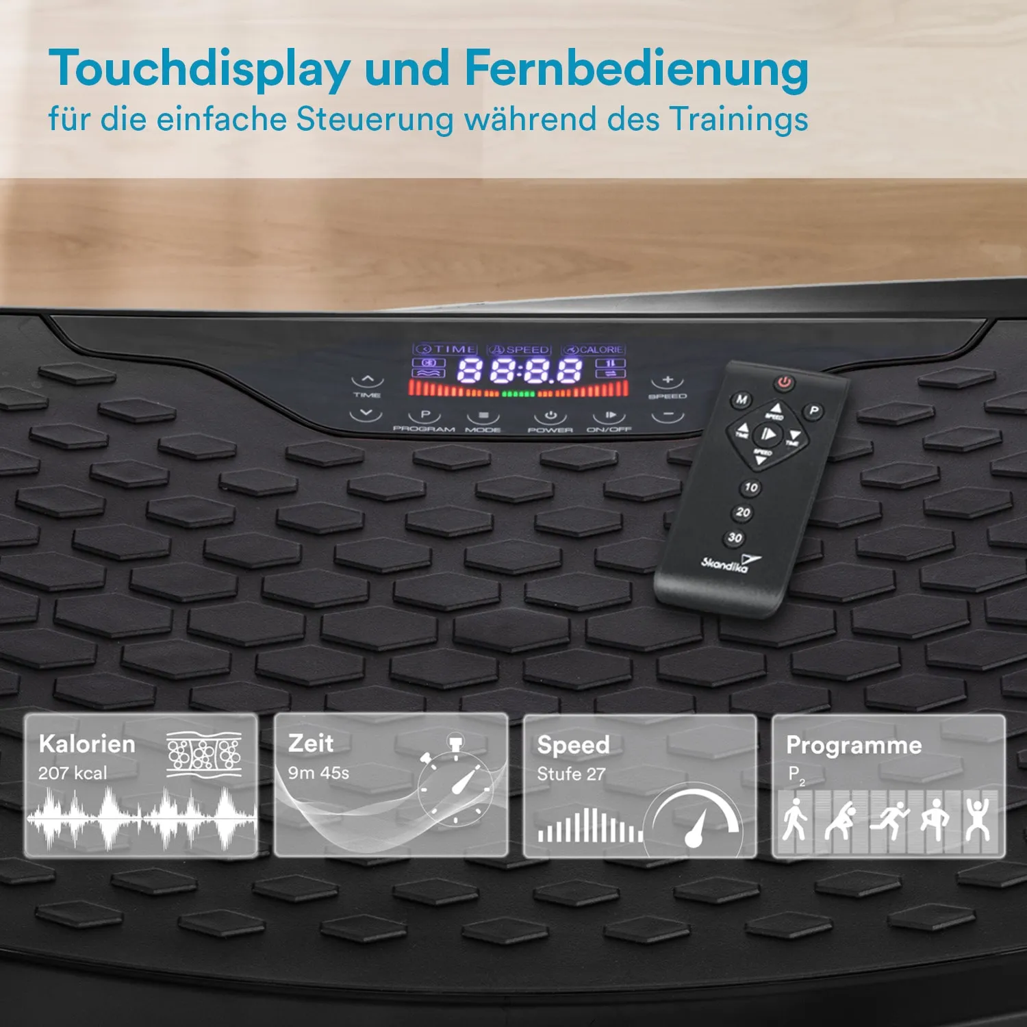 Touchdisplay eines Fitnessgeräts mit Fernbedienung. Anzeigen für Kalorien, Zeit, Geschwindigkeit und Programme sind sichtbar.