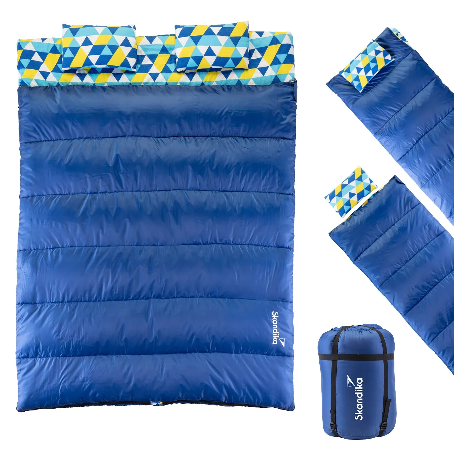 Blaue Schlafsäcke mit farbenfrohen Kissen im oberen Bereich. Rechts zwei separate Schlafsäcke und ein komprimierter Sack.
