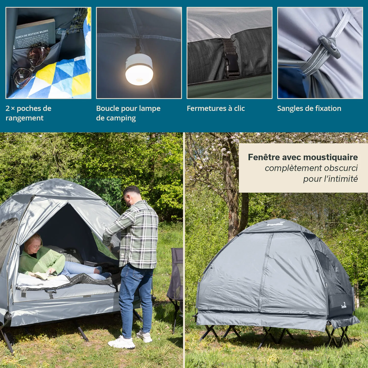 Zelt mit grauer Außenhaut in einer grünen Landschaft. Innere Details wie Taschen, Lampenhalterung und Fenster sind sichtbar. Eine Person steht vor dem Zelt, eine andere sitzt darin und liest.