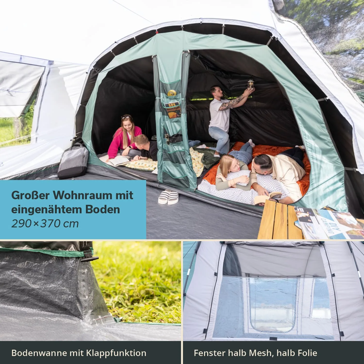 Großes Zeltinnere mit mehreren Personen, Matratzen und einem Tisch. Details zu Bodenwanne und Fenstern sind sichtbar.