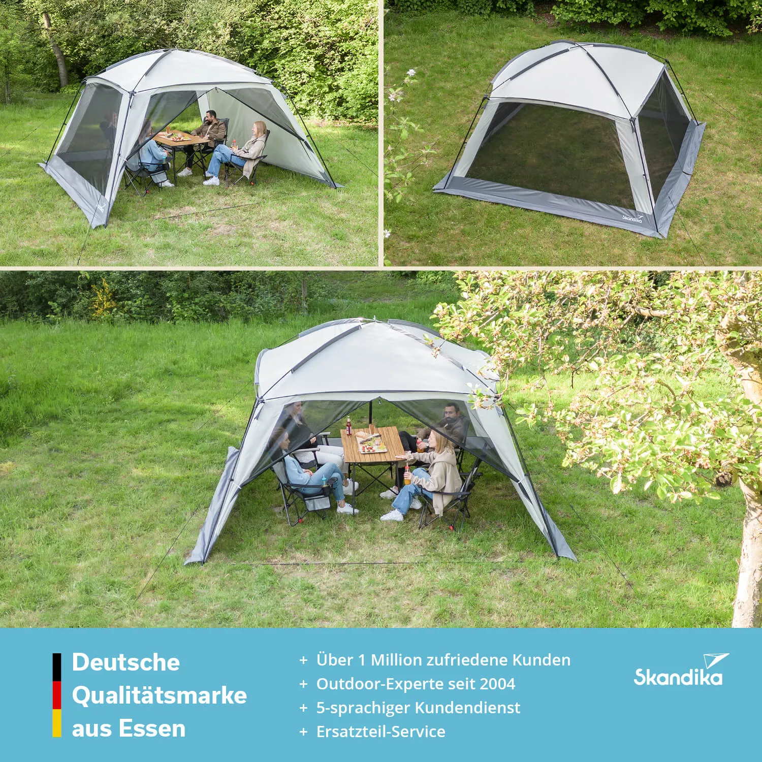 Großes, gestelltes Zelt mit Fenster-Elementen auf einer Wiese. Innen sitzen mehrere Personen um einen Tisch.