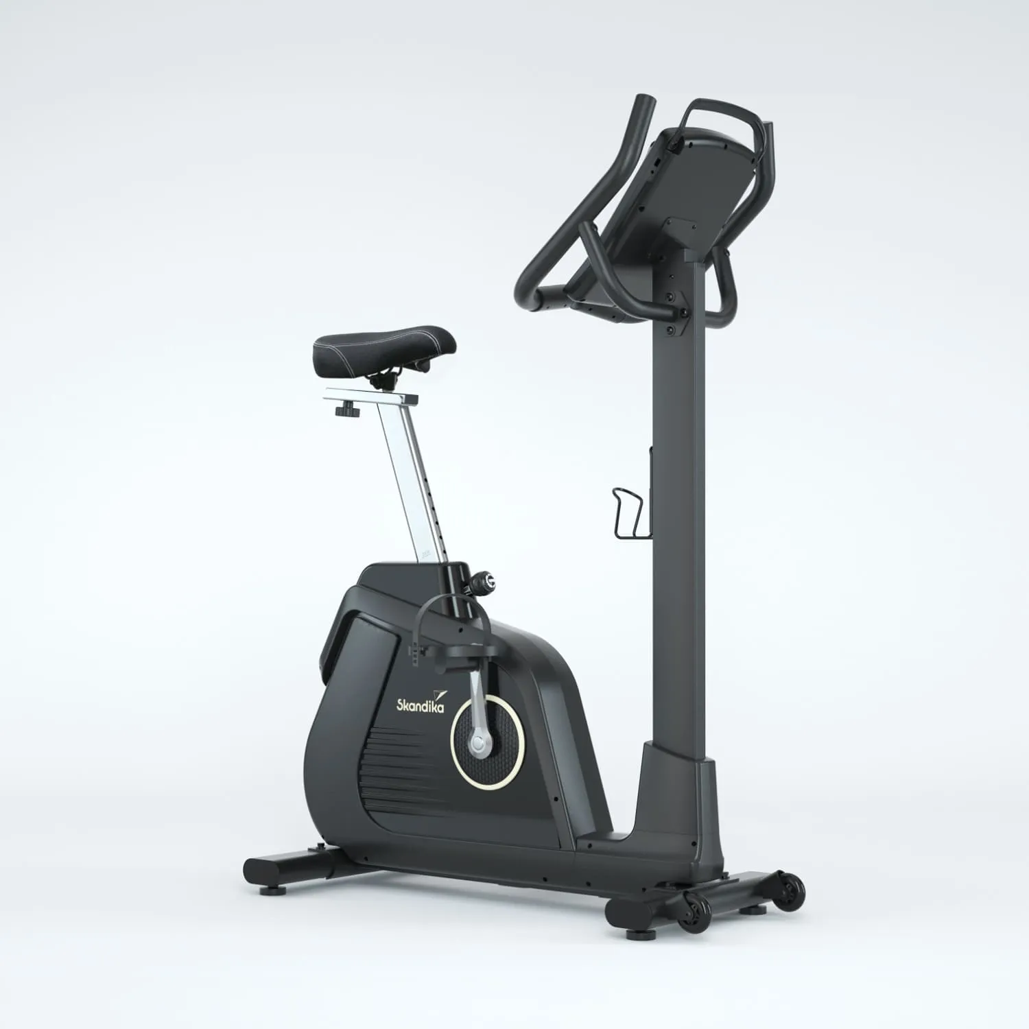 Ergometer in schwarzem Design mit Sattel, verstellbaren Griffen und Displayhalterung. Hintergrund in hellem Grau.