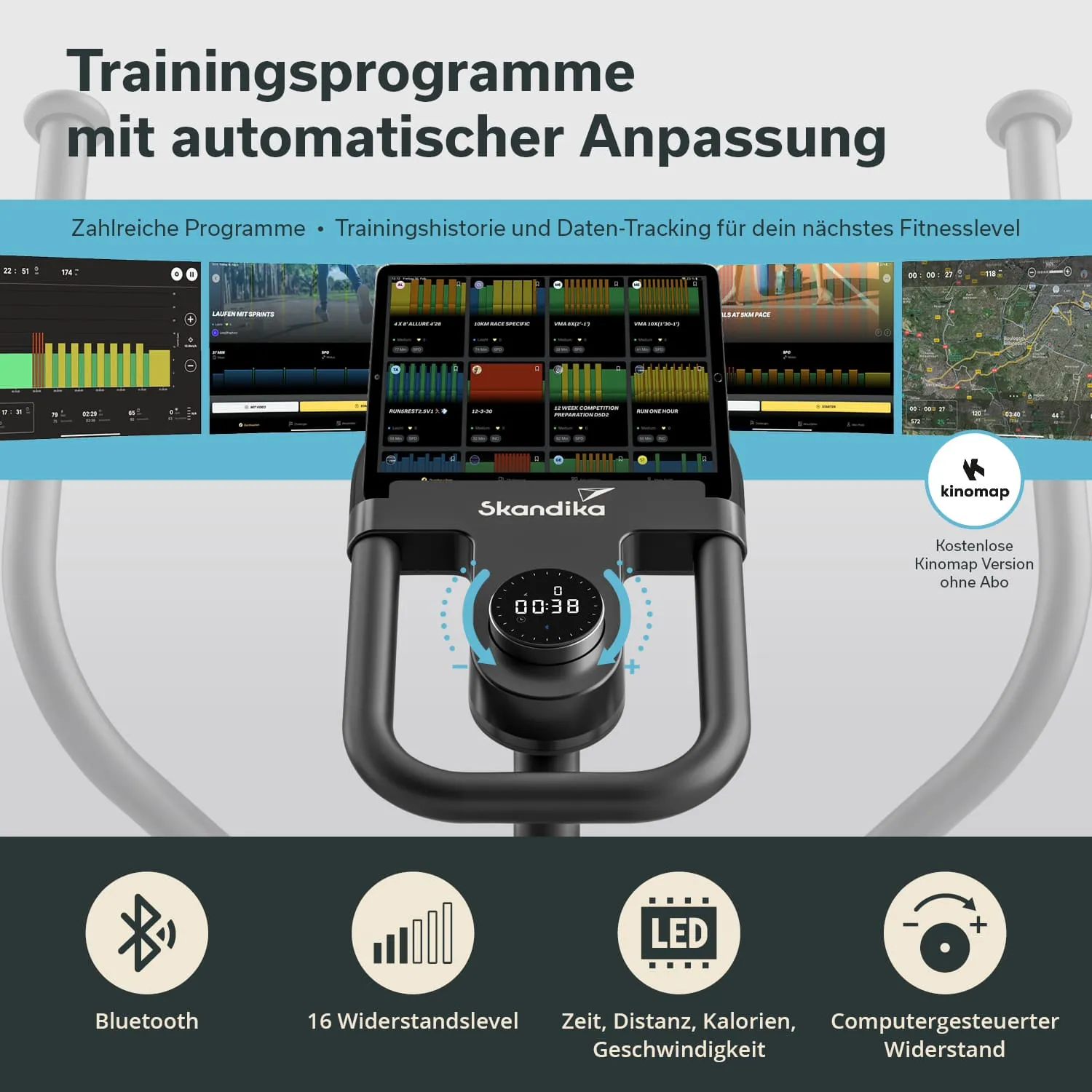 Gerät mit Bildschirm für Trainingsprogramme und Daten-Tracking, 16 Widerstandsstufen, Bluetooth, LED-Anzeigen.