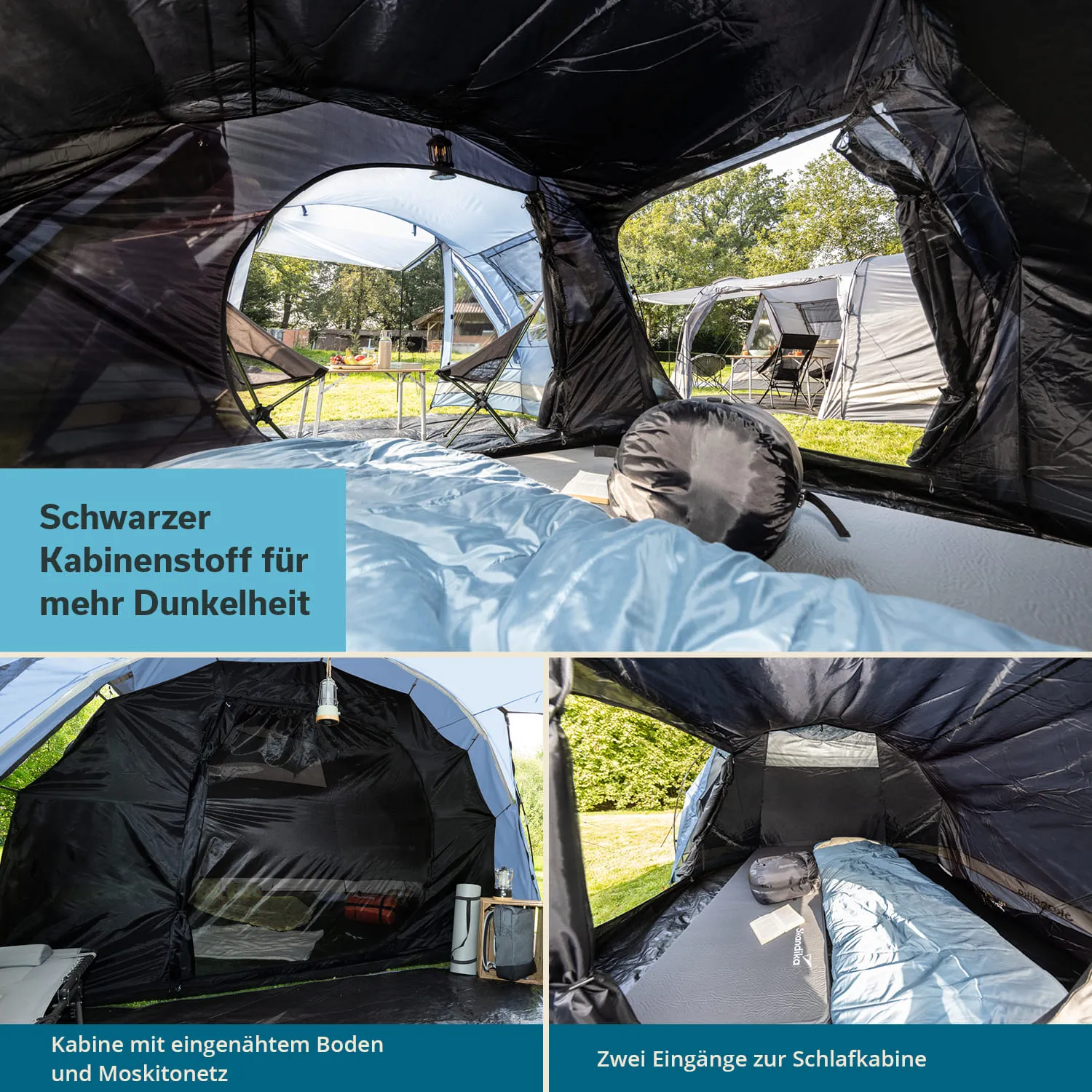 Zeltinnensicht mit schwarzem Kabinenstoff. Schlafsack und Kissen auf dem Boden, zwei Eingänge sichtbar. Außenbereich mit Bäumen und weiteren Zelten.