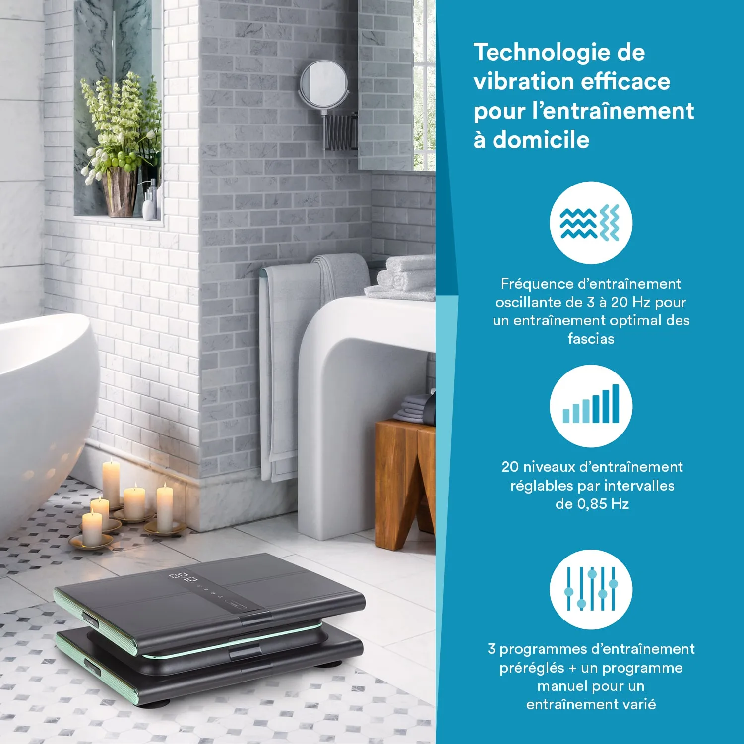 Vibrationsplatte in modernem Badezimmer mit fliesenbedecktem Boden, Handtüchern, Kerzen und einer Badewanne.