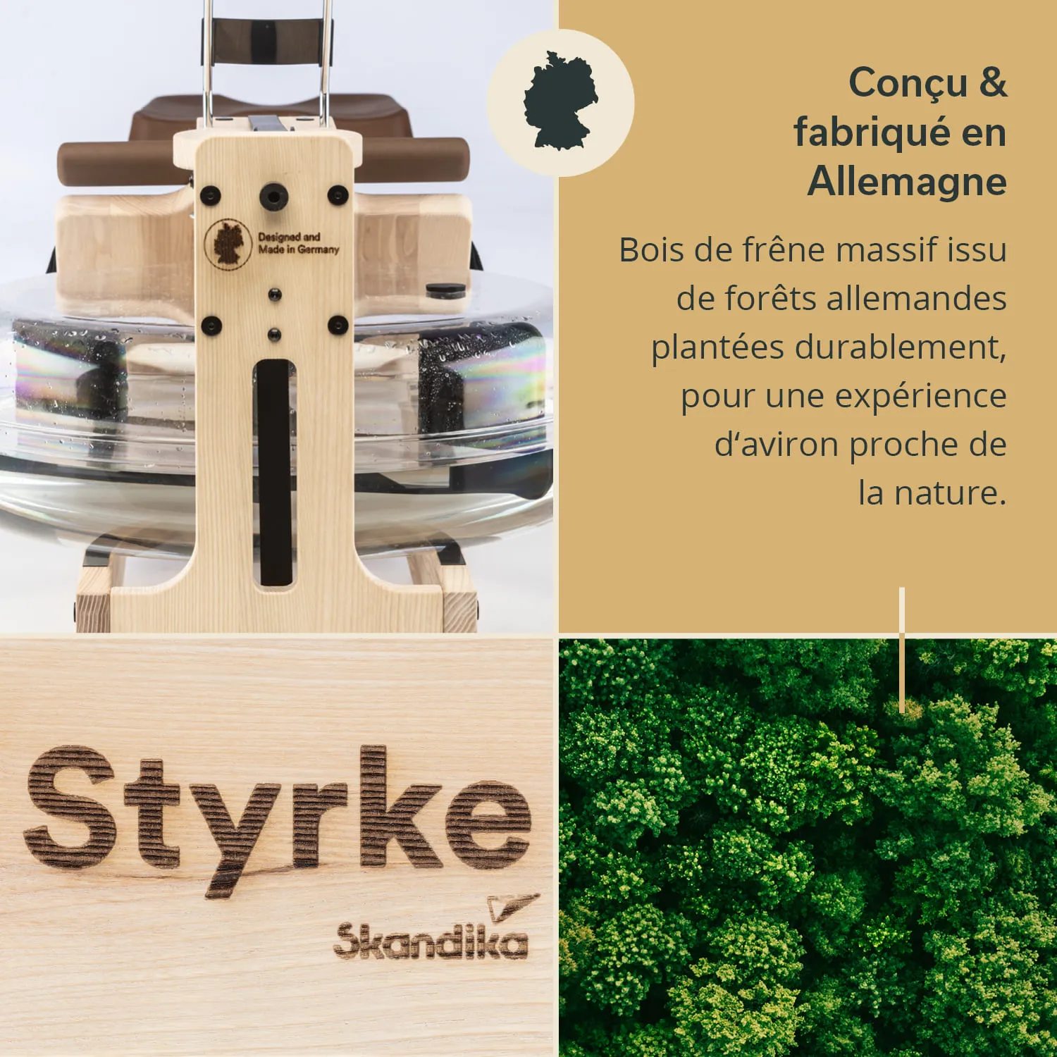 Holzgerät mit transparentem Wasserbehälter, beschriftet mit „Styrke“ und Logo. Hintergrund zeigt Baumkronen.