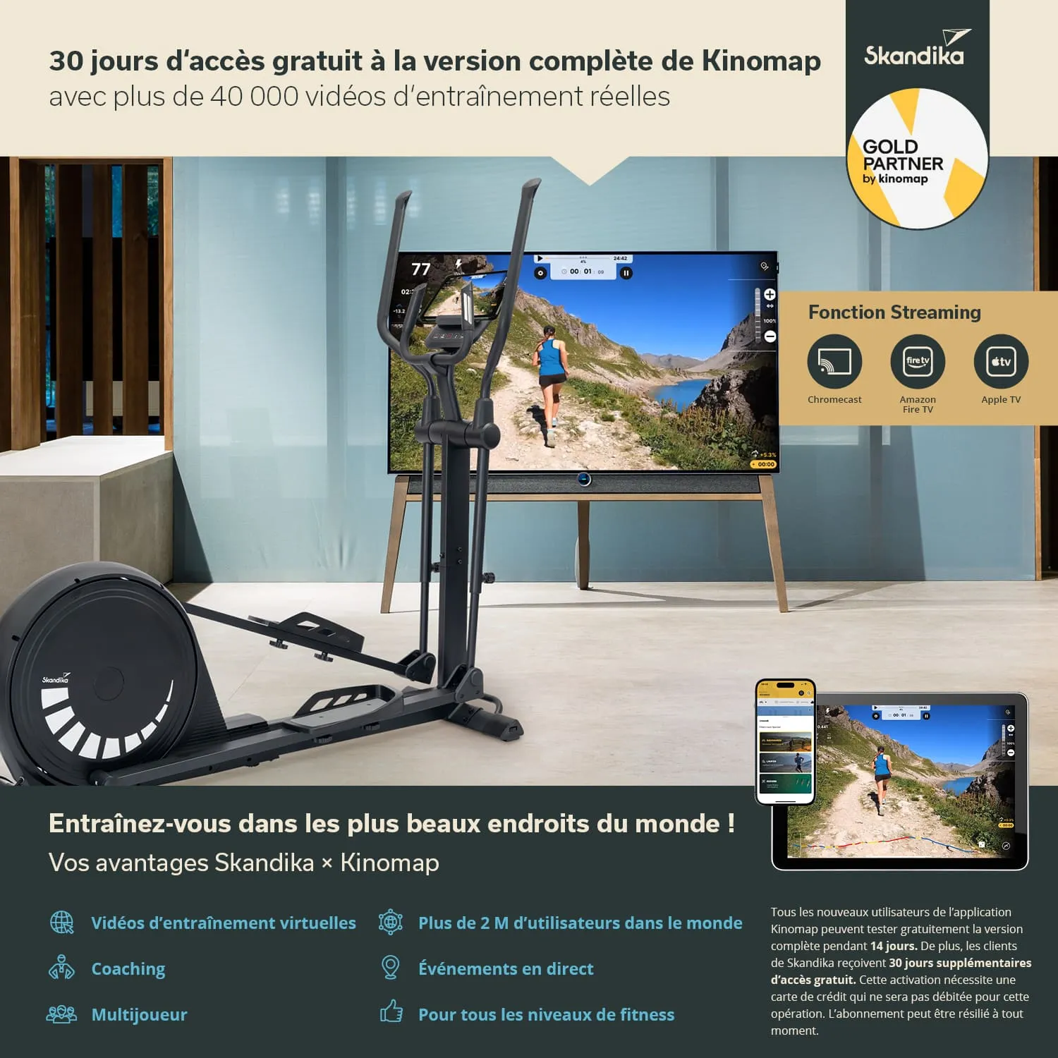 Ein Fitnessgerät steht im Vordergrund, im Hintergrund ist ein großer Bildschirm mit einer Trainingsvideoansicht sichtbar.