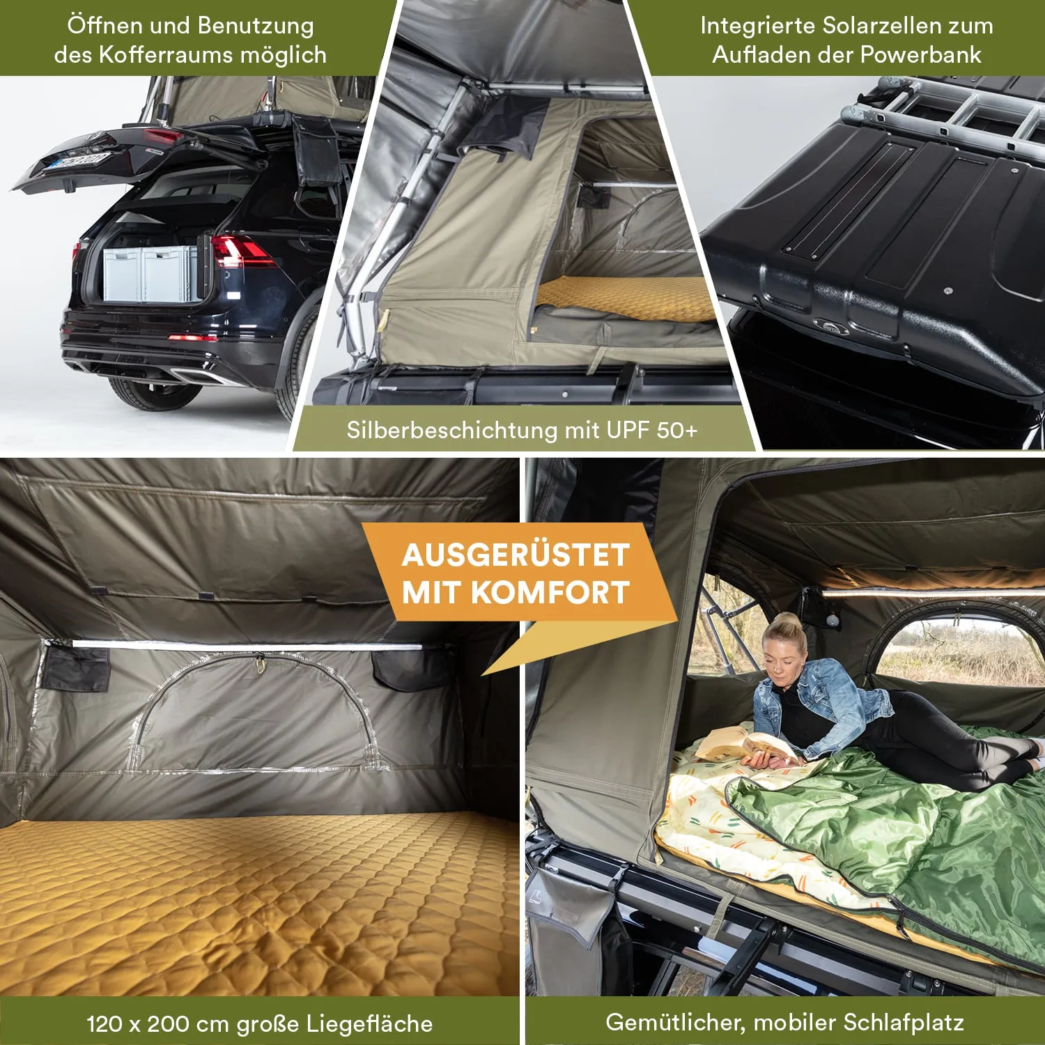 Dachzelt mit geöffnetem Kofferraum eines Fahrzeugs. Innenliegendes Bett mit Schlafdecke und Möbeln. Solarpanel sichtbar.