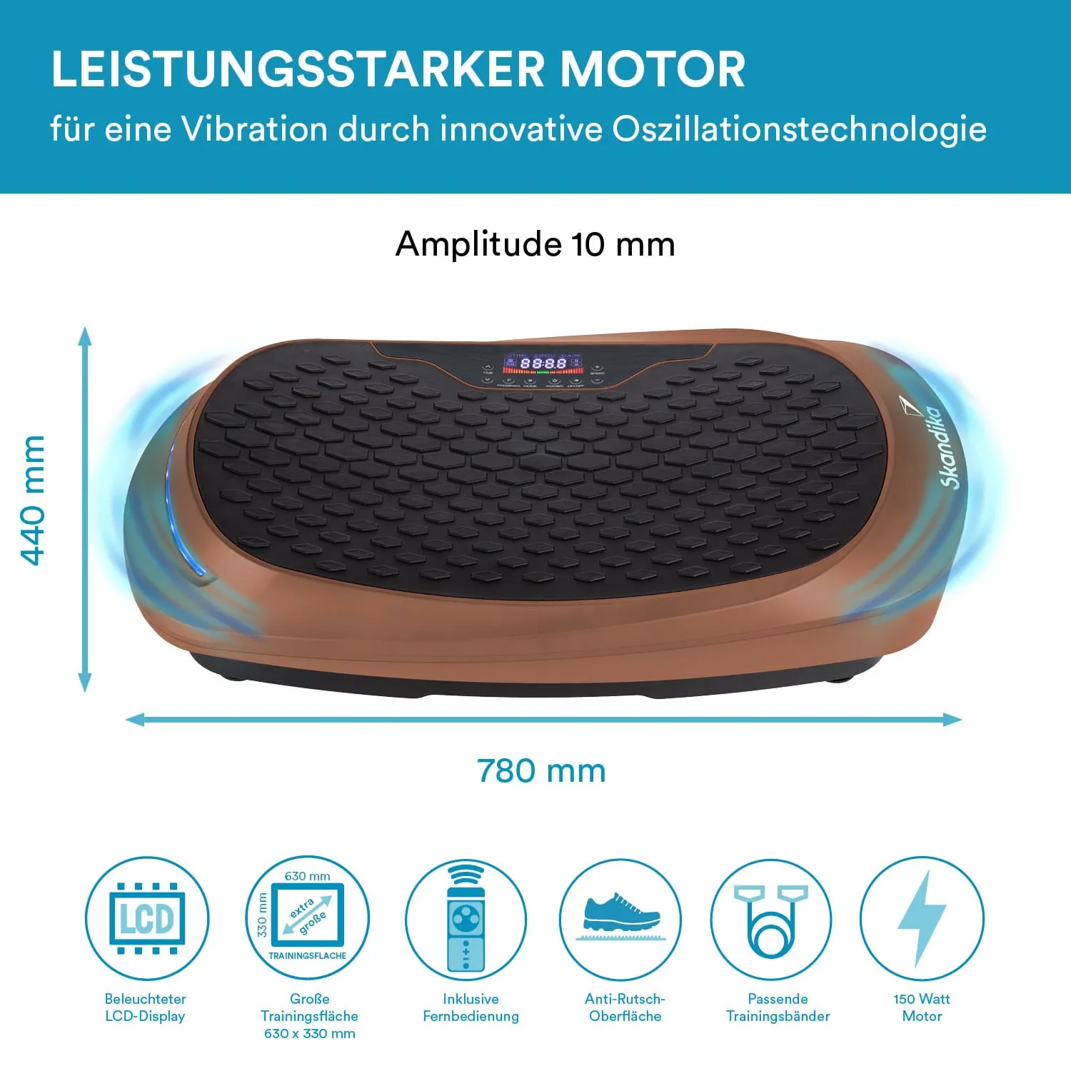 Vibrationsplatte in brauner Farbe mit schwarzer Gummimatte und digitalem LCD-Display. Maße: 780 mm x 440 mm.