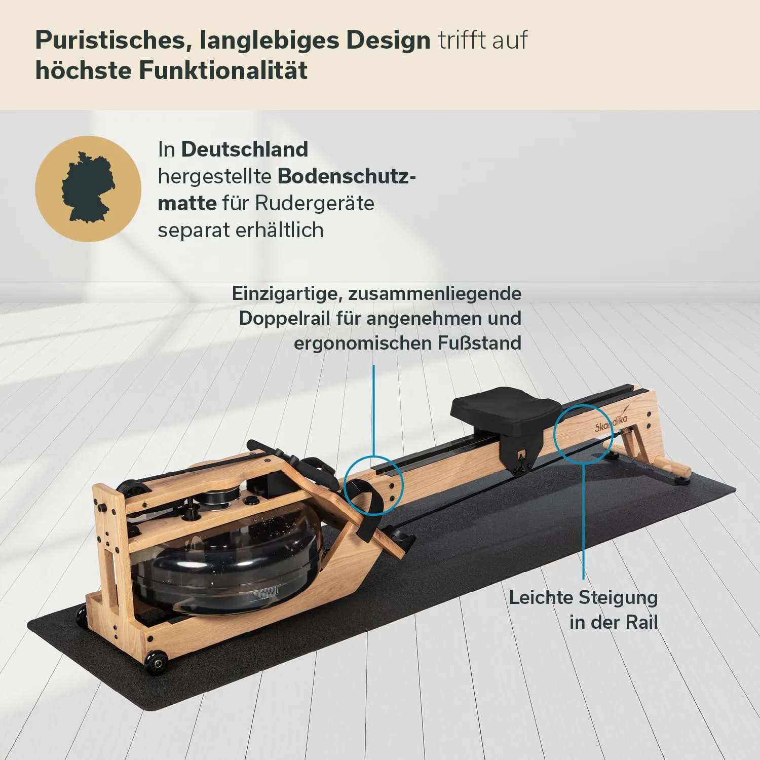 Rudergerät mit Holzrahmen, Wasserbehälter und ergonomischem Sitz auf einer Bodenschutzmatte, vor hellem Boden.