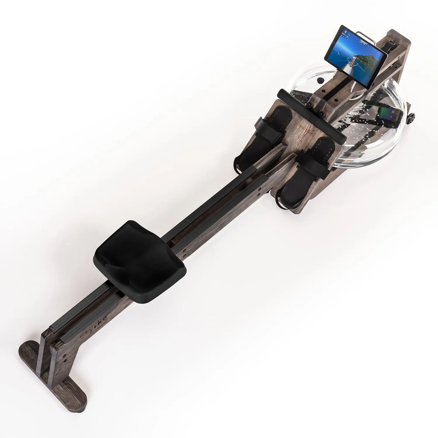 Wasser-Rudergerät aus Holz mit einer transparenten Wasserkammer, schwarzem Sitz und Tablet-Halterung.