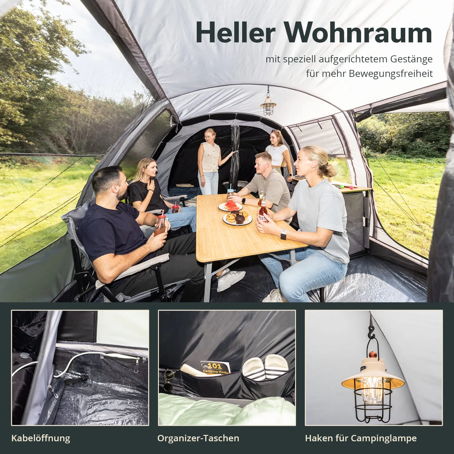 Campingzelt mit Sitzgelegenheiten und Tisch, umgeben von Menschen. Helle Innenausstattung, Sicht auf Natur.