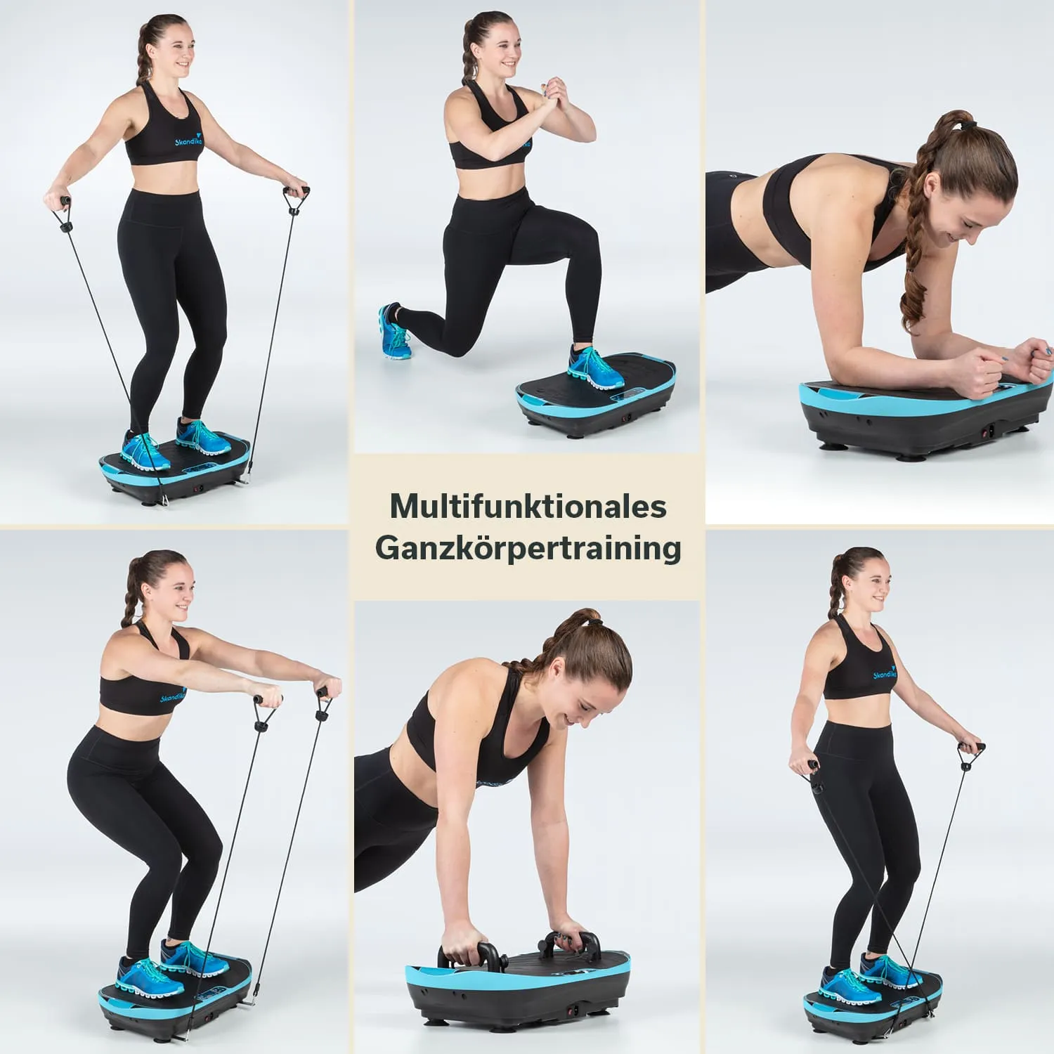 Eine Person in Sportkleidung führt verschiedene Übungen auf einem Trainingsgerät aus. In der Mitte steht der Schriftzug „Multifunktionales Ganzkörpertraining“.