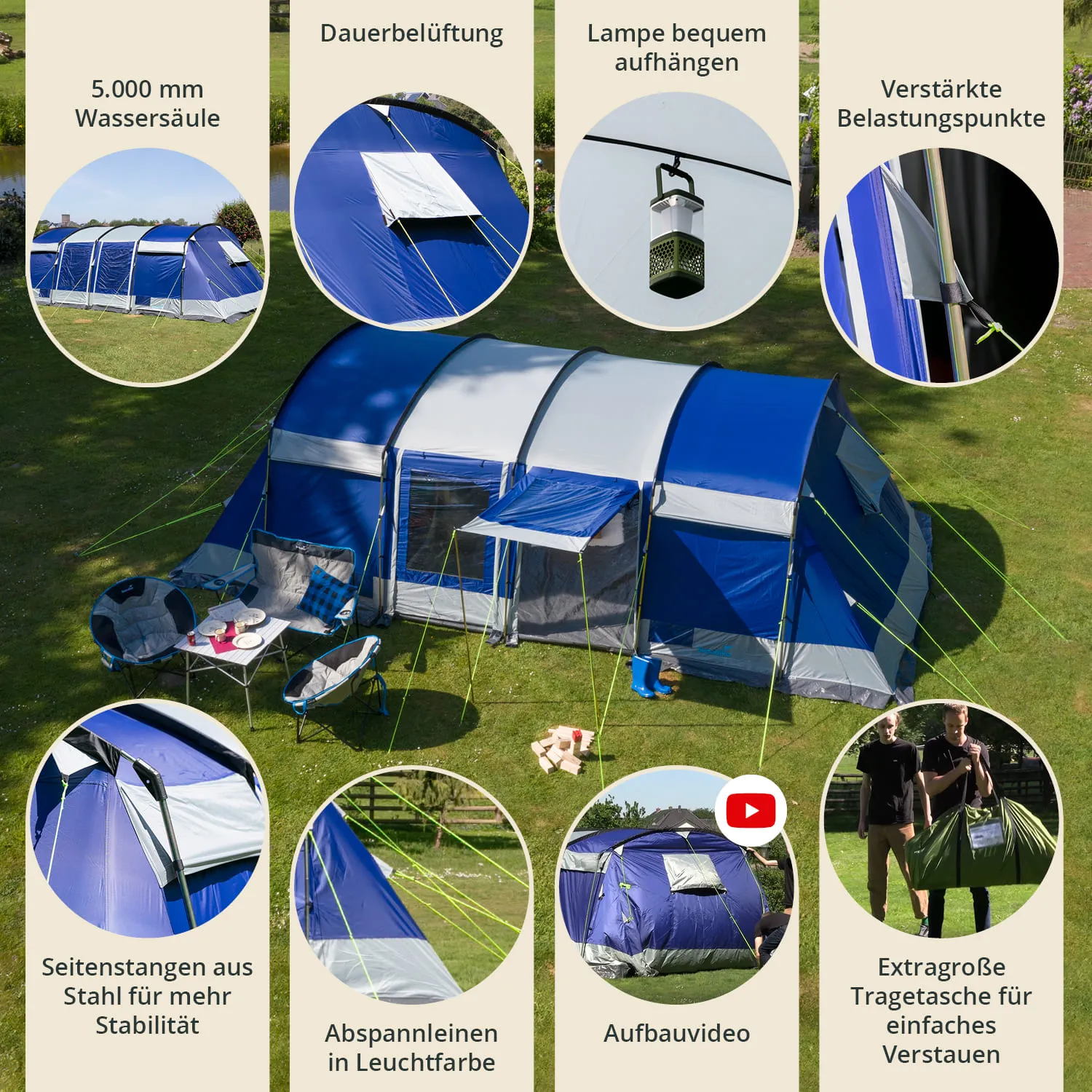 Großes blaues Zelt auf Wiese mit zwei Campingstühlen und Tisch. Aufbaupunkte und Details sind beschriftet.