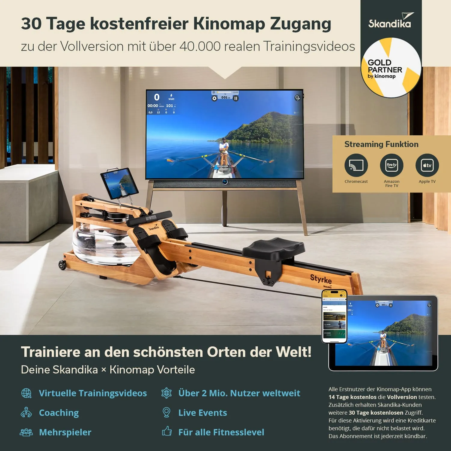 Rudergerät aus Holz mit Wassertank, Bildschirm zeigt Rudertraining in natürlicher Umgebung, Infos zu Kinomap und Streamingdiensten.