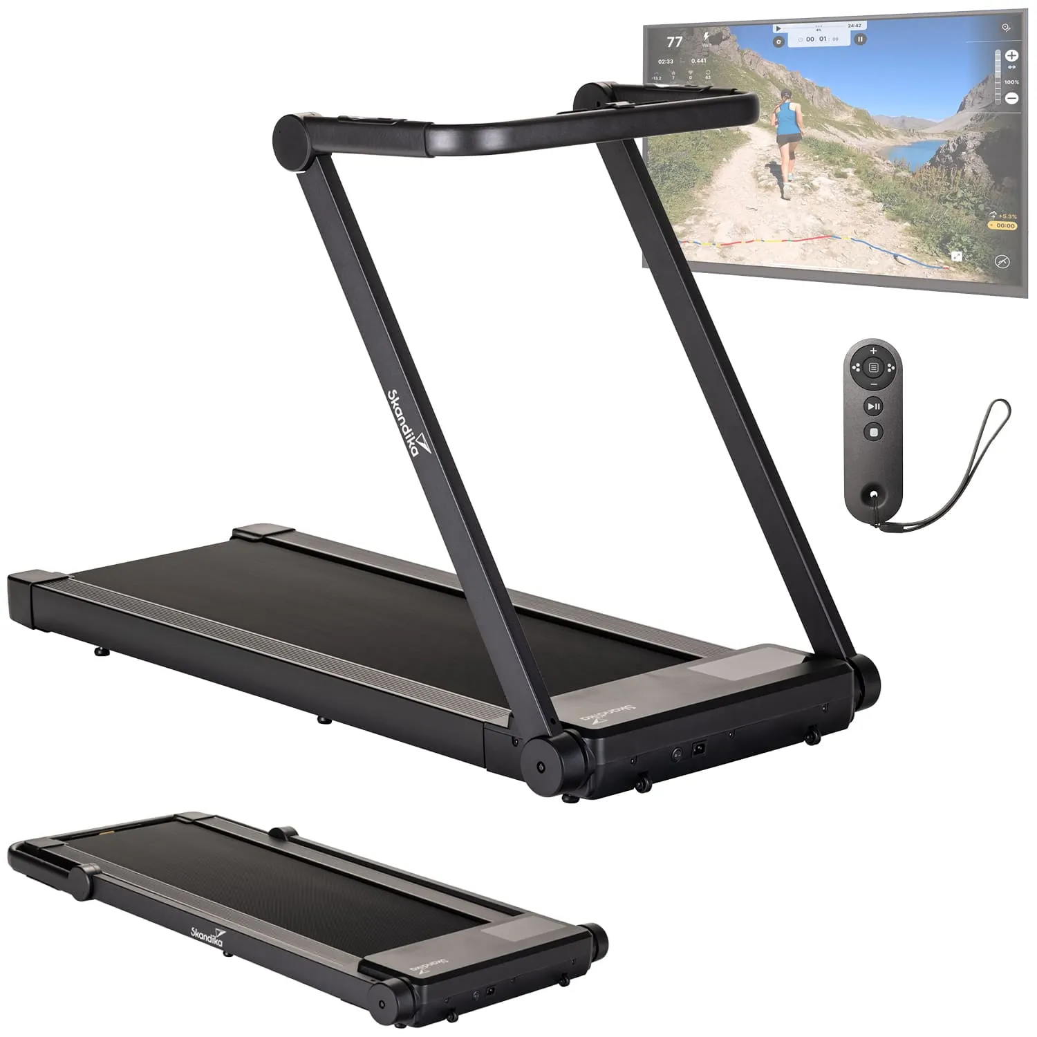 Laufband in Schwarz, zusammenklappbar, mit Monitor im Hintergrund, der eine Landschaft zeigt. Eine Fernbedienung ist sichtbar.