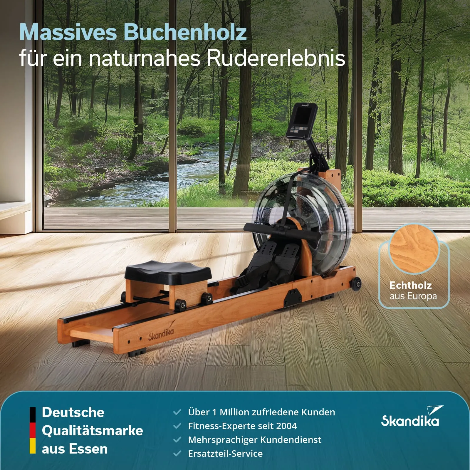 Rudergerät aus massivem Buchenholz steht in einem Raum mit großen Fenstern und Blick auf Wald und Wasser.