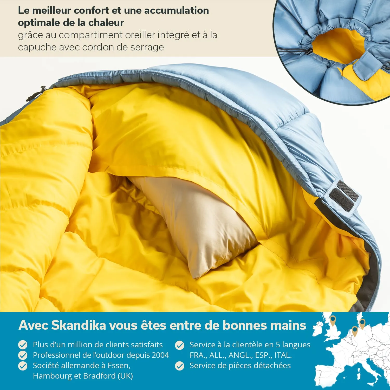 Schlafsack in hellblau mit gelbem Innenfutter und integrierter Kissenabdeckung. Nebenan eine Karte von Europa.