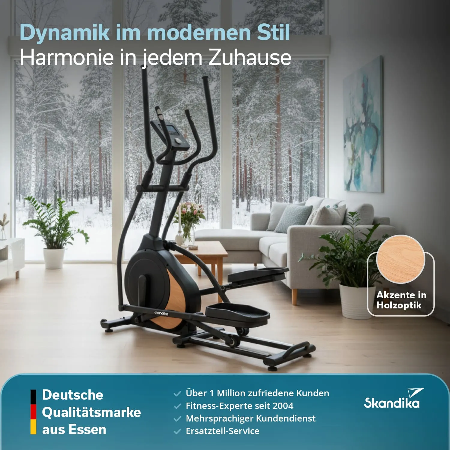 Ein Crosstrainer steht in einem modernen Wohnzimmer mit großen Fenstern und Blick auf einen verschneiten Wald. Couch und Pflanzen sind ebenfalls sichtbar.