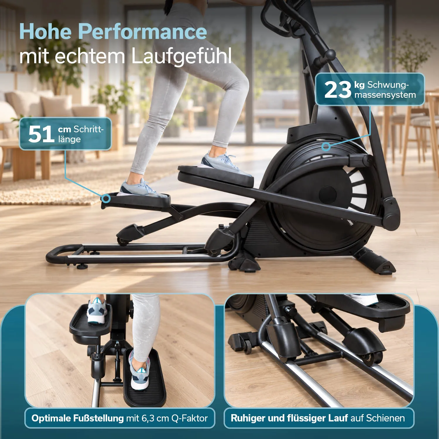Ellipsentrainer mit Fußplatten, Schrittlänge von 51 cm und Schwungmasse von 25 kg. Holzfußboden im Hintergrund.