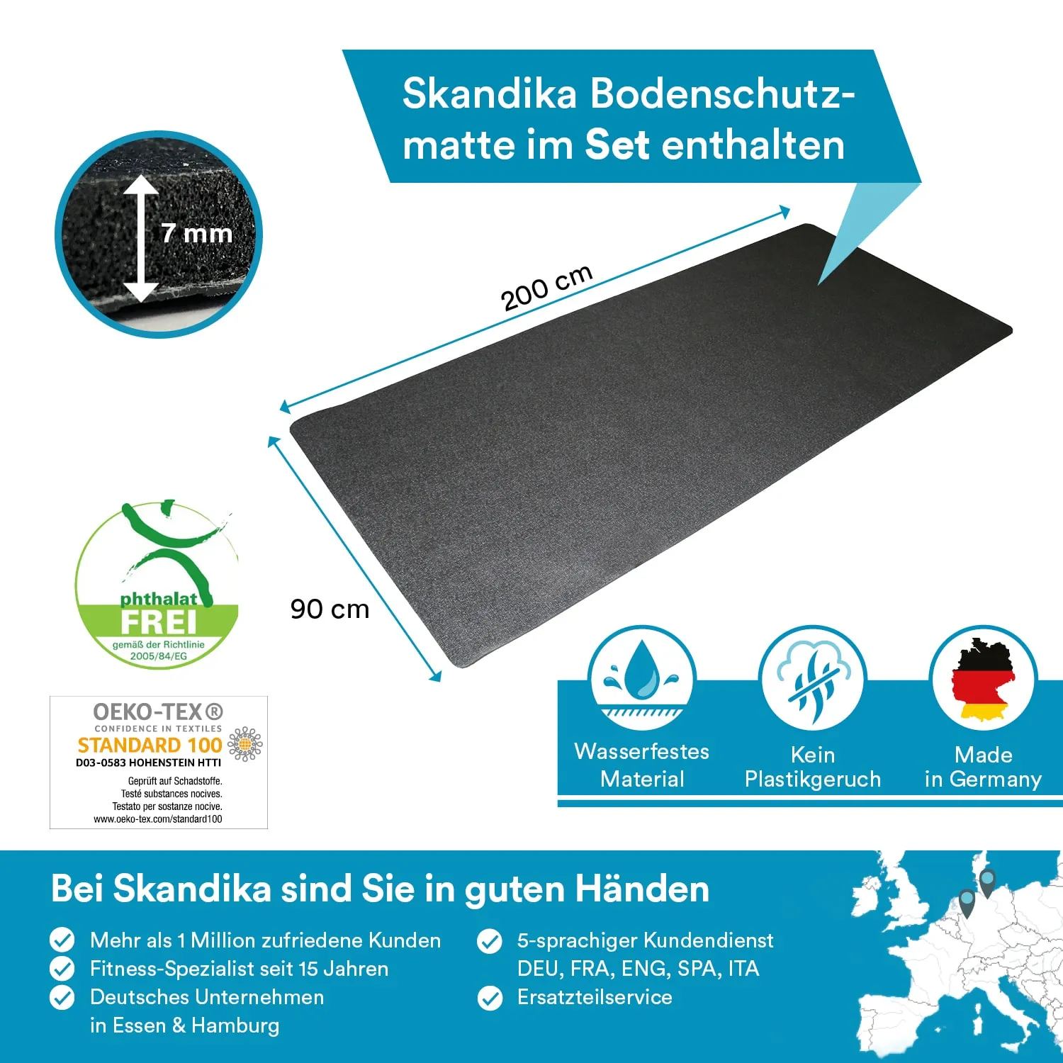Bodenschutzmatte in Schwarz, Maße 200 cm x 90 cm, 7 mm dick. Hinweise zu Material und Zertifizierungen. Schriftzüge und Symbole.