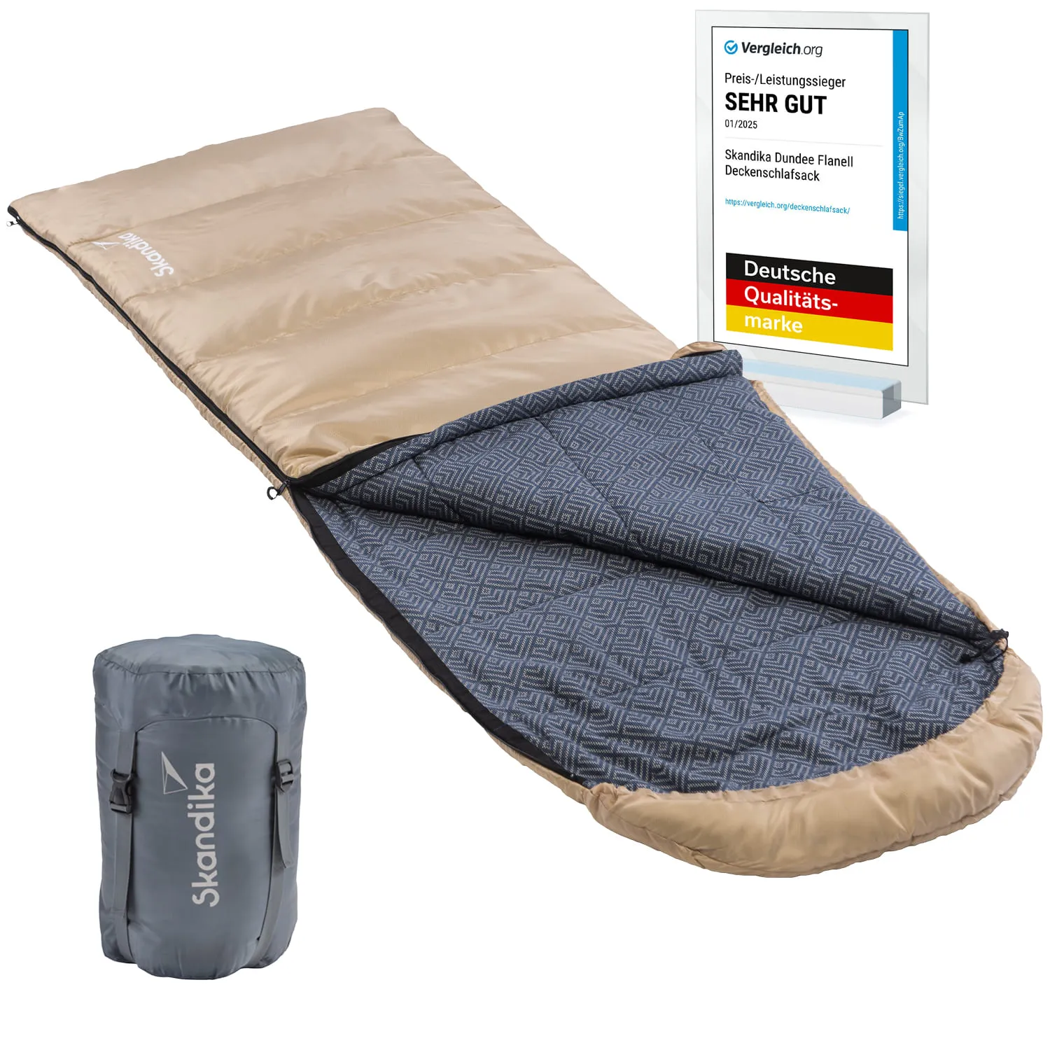 Ein Schlafsack in Beige und Blau mit einem rautenförmigen Innendesign, daneben ein komprimierter Sack in Grau und ein Auszeichnungsschild.