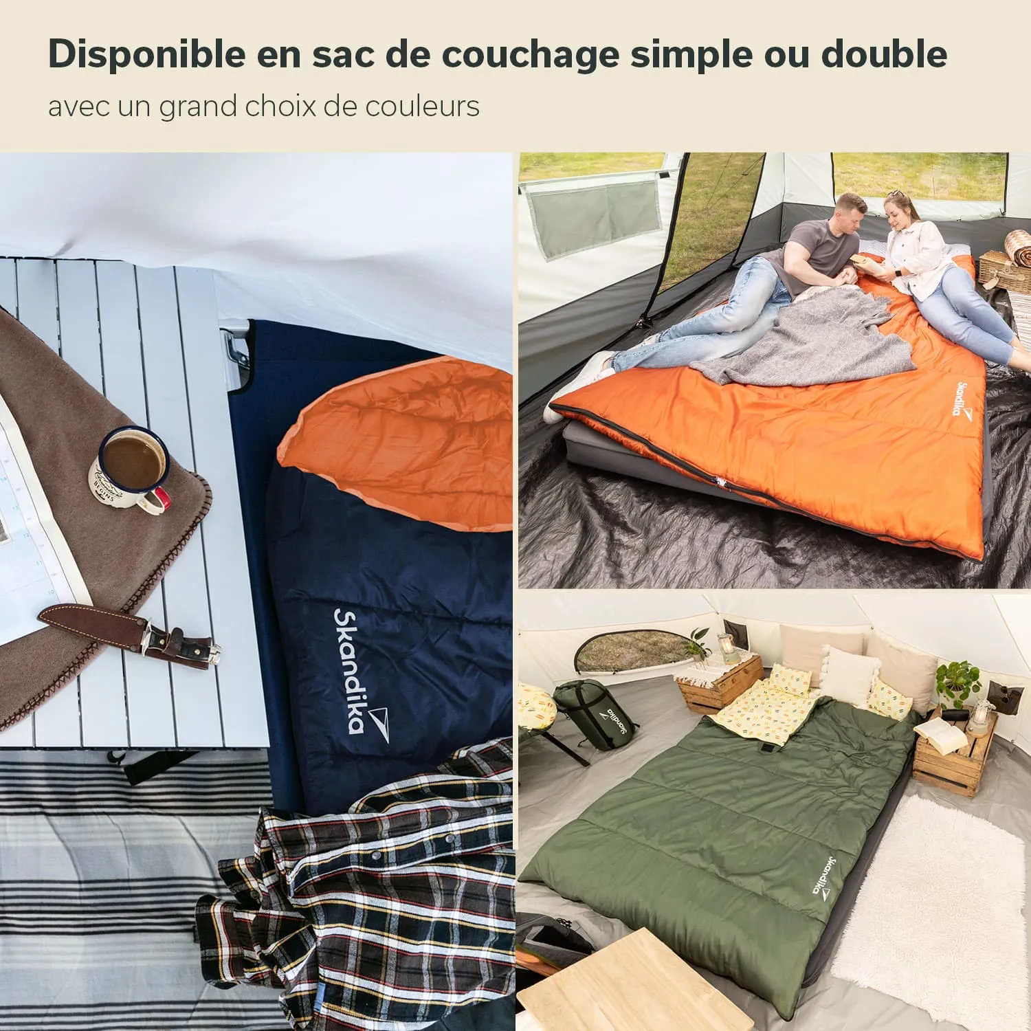 Drei Bereiche zeigen Schlafsäcke in verschiedenen Farben. Links ein Schlafsack mit orangefarbener Innenseite, darunter eine Tasse Kaffee. Oben rechts ein Paar auf einer orangefarbenen Schlafunterlage in einem Zelt.