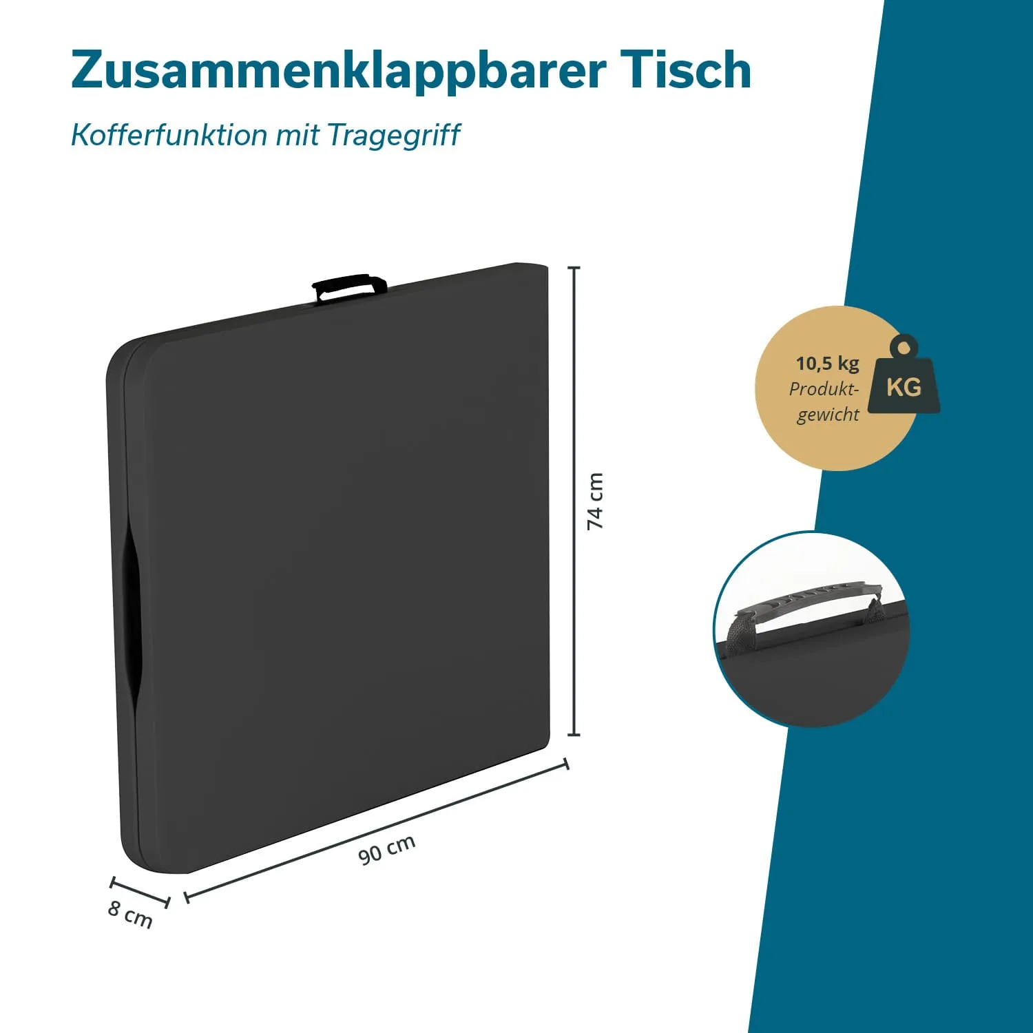 Zusammenklappbarer Tisch in schwarz mit Traggriff, Maße: 90 cm x 74 cm x 8 cm, Gewicht: 10,5 kg.