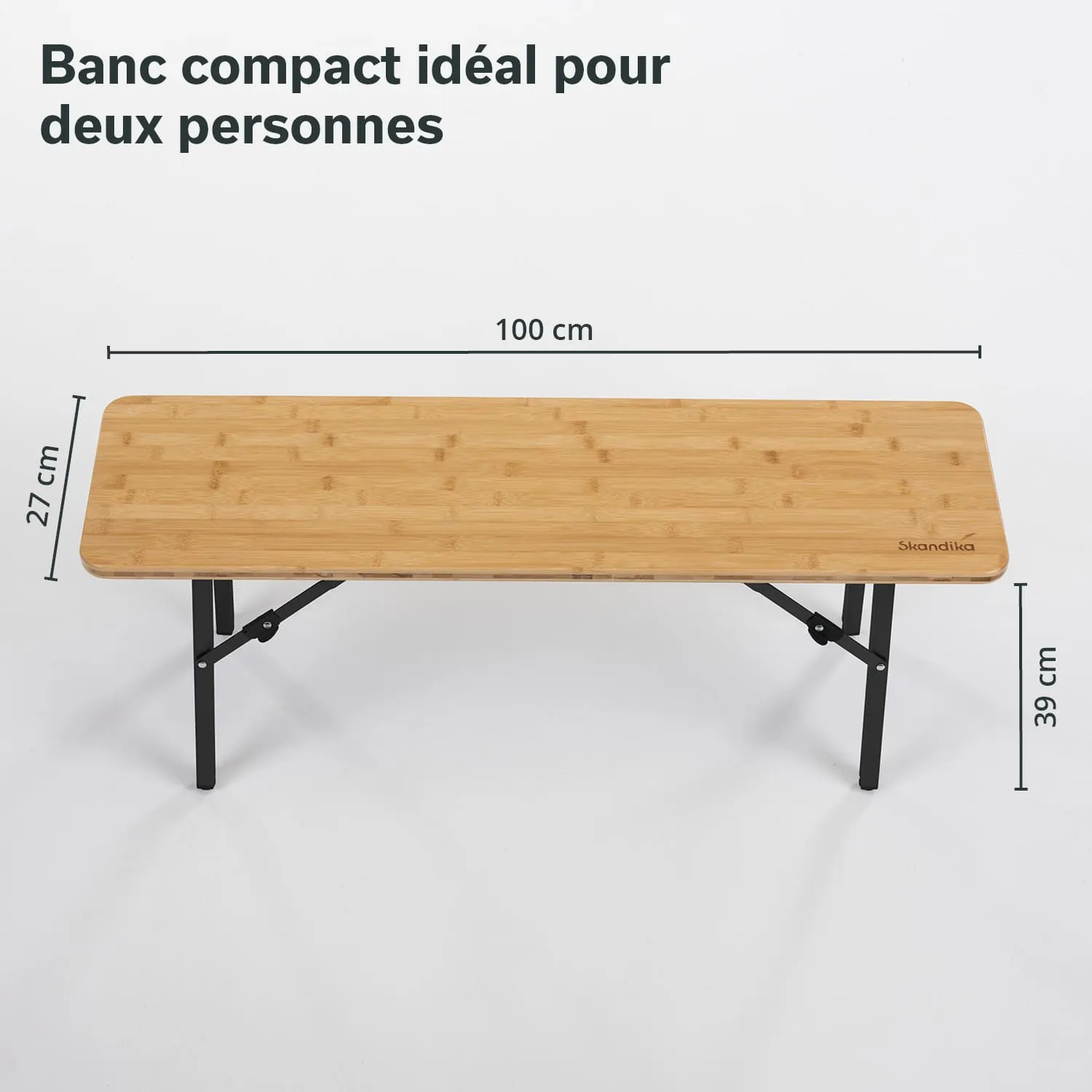 Holztisch mit einer Länge von 100 cm und einer Höhe von 39 cm. Die Tischplatte ist aus Bambus und hat schwarze Beine.