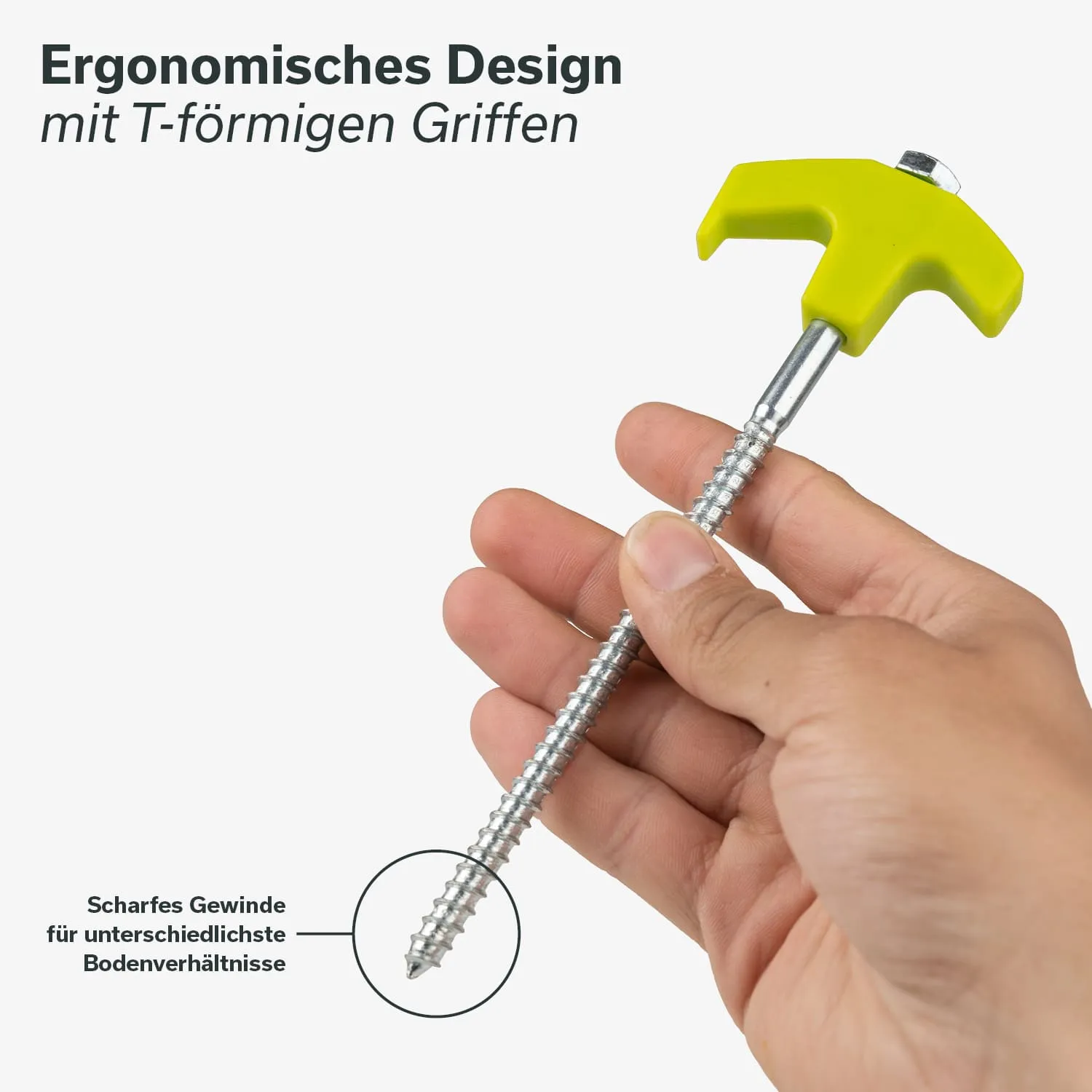 T-förmiger Griff in Gelb an einem Gewinde, das in einer Hand gehalten wird. Hervorhebung: scharfes Gewinde für verschiedene Bodenverhältnisse.